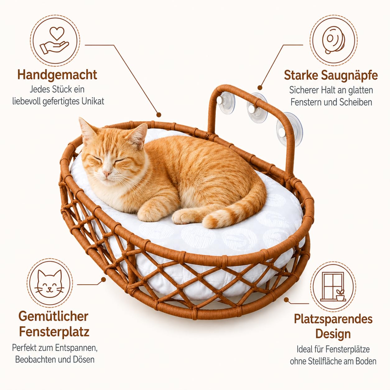 Tumbona para gatos con ventosas, hamaca trenzada a mano para ventanas y cristal, acogedor lugar de descanso para gatos (marrón)