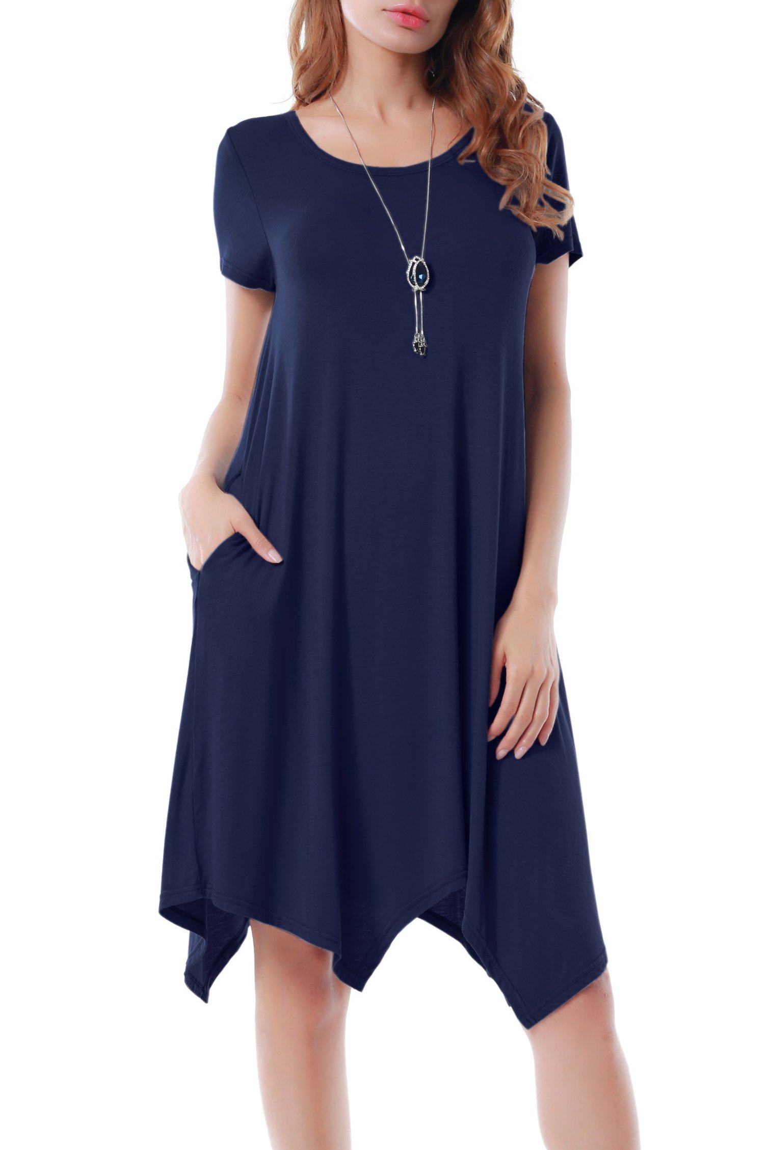 Women Casual Loose Soft Crewneck Short Sleeve Pockets Swing T-Shirt Dress