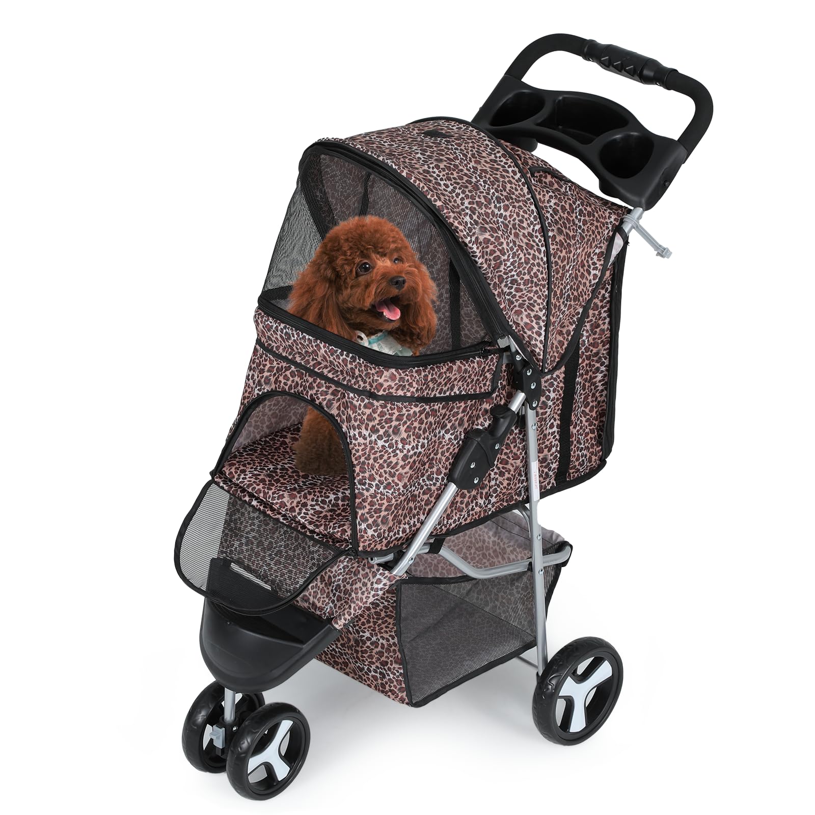 MIRAMINGLE Dog Stroller for Dogs and Cats, Foldable Pet Jogger Stroller with Cup Holders, Cat Stroller w/Bottom Storage for Pets up to 33 lbs, Leopard