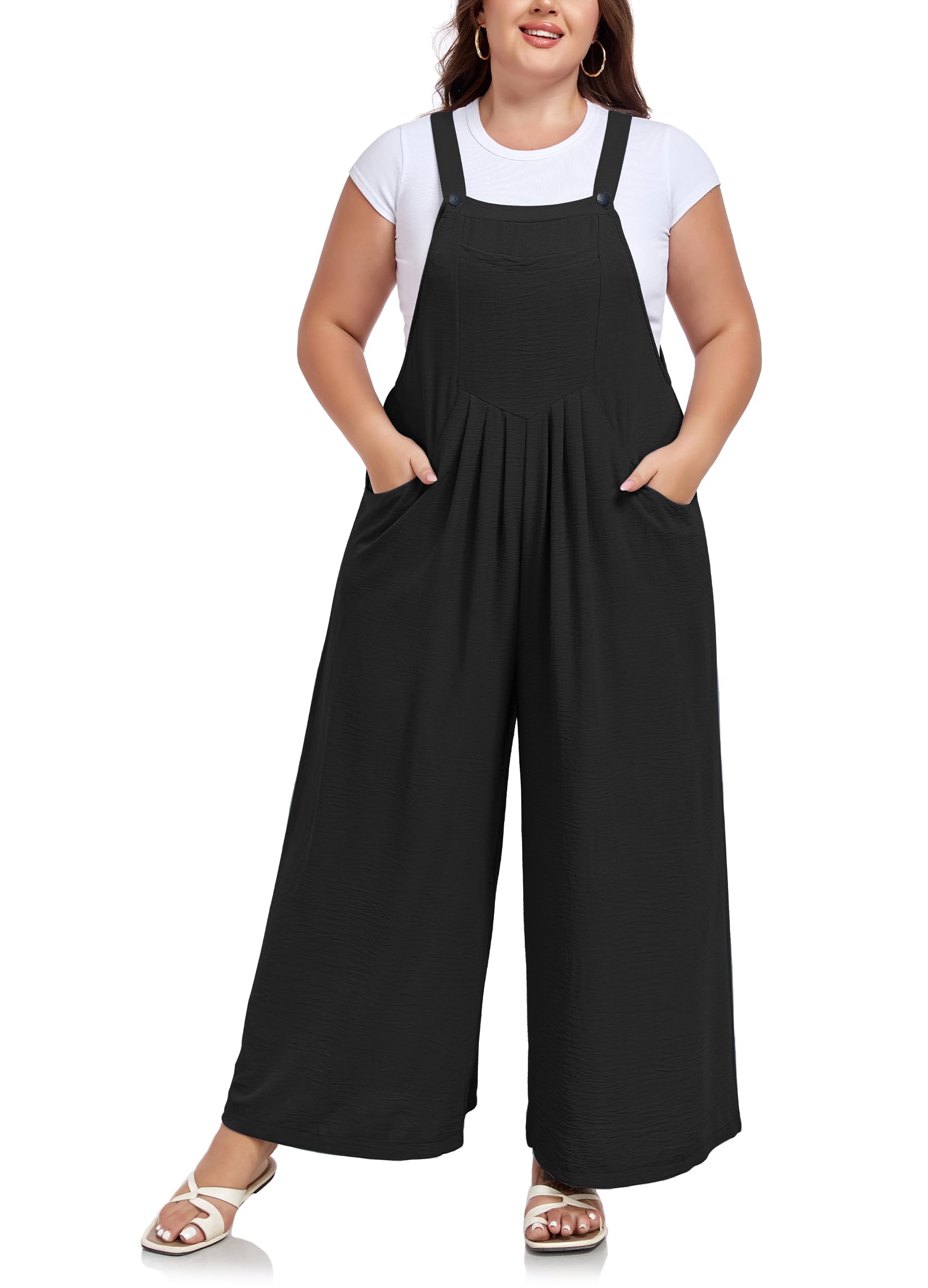 Moon Wood Latzhosen für Damen Sommer Oversize Casual Overall Baggy Jumpsuit Lang mit Trägern und Taschen Große Größen
