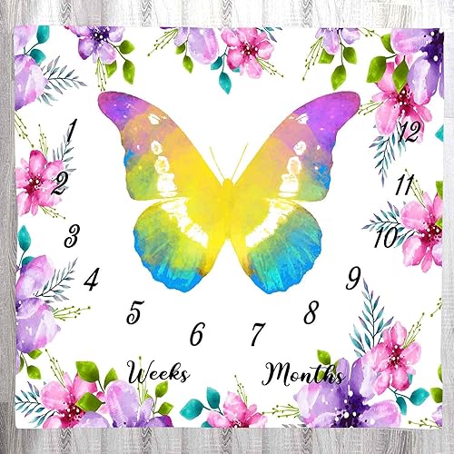 Miniatura 3 de LYLYCTY BTZYLY36 - Manta mensual para bebé, diseño de flores y mariposas, personalizada, incluye corona y marco, 47 x 47 pulgadas
