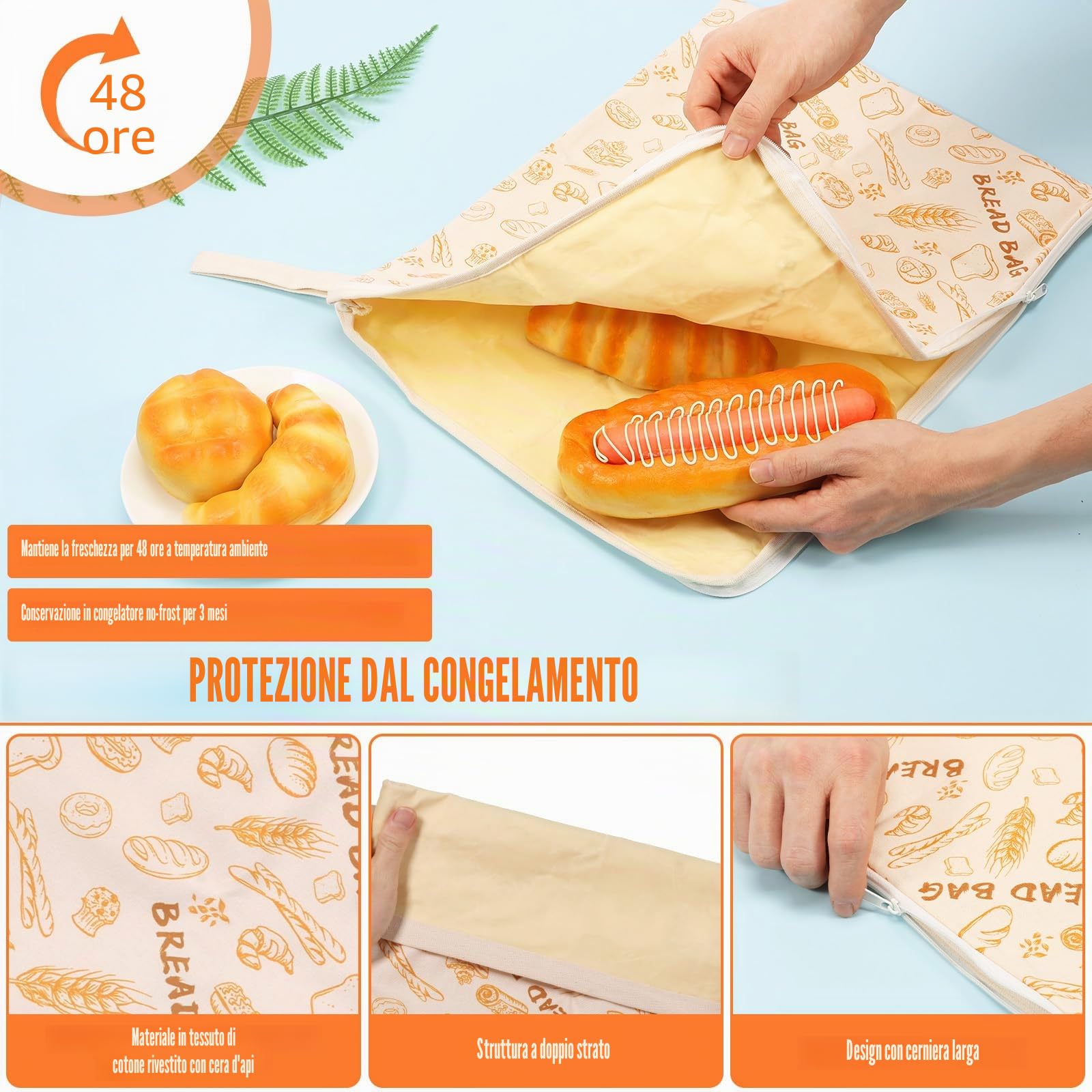 2 Pezzi di Sacchetti per Pane in Cera d'Api 43cm×33cm, Sacchetto per Pane Riutilizzabile con Chiusura a Cerniera e Manico, Sacchetti per Pane in Cera d'Api Naturale