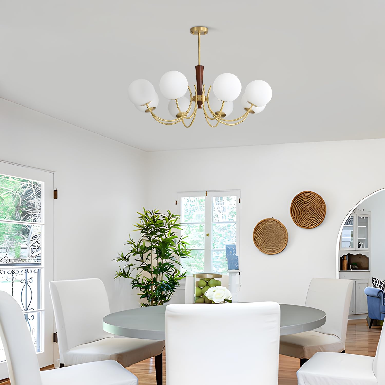 KCO Lighting 8 Light Brass Gold Chandelier White Milk Glass Pendant Light Mid Century Modern Dining Room Chandelier Vintage Chandeliers for Bedroom