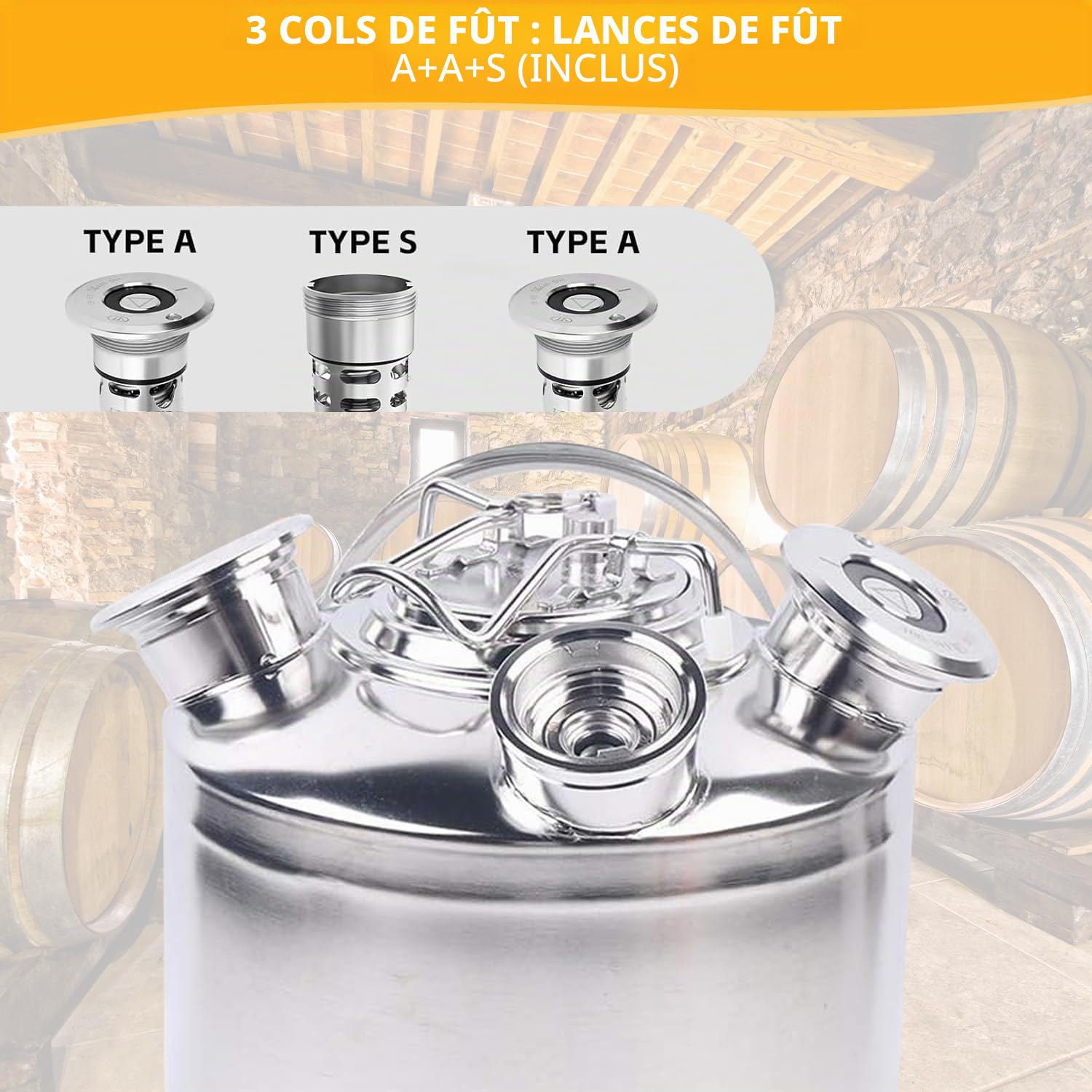 Fût Nettoyage Bière Inox 10L, Récipient 3 Têtes avec Couvercle - Type A/S | Récipient nettoyage fût inox 10L, Couvercle 3 têtes compatible lances Type A et S. Pour brassage amateur, bar, hôtel