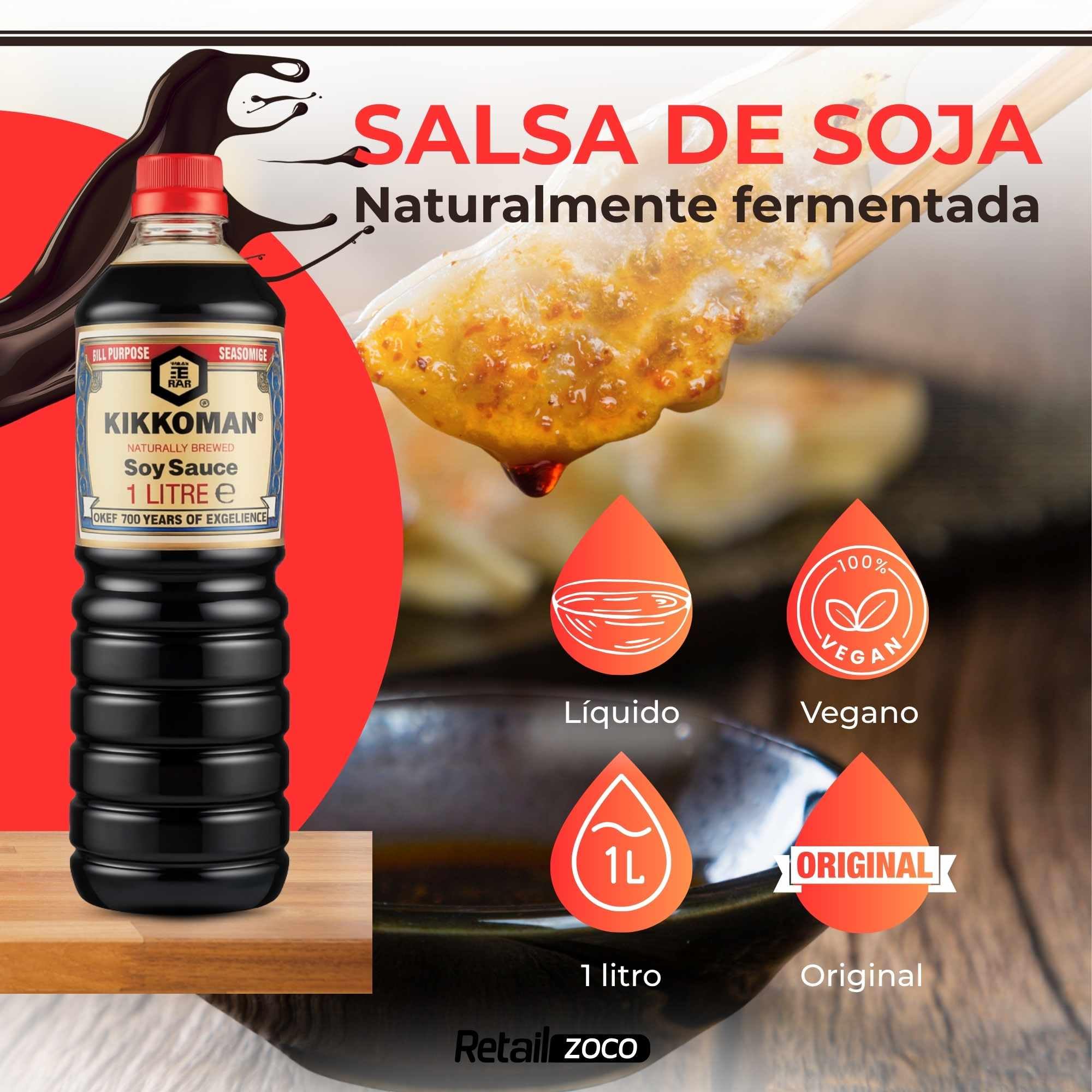 Salsa de Soja receta clásica, Salsa para Sushi, Soja Japonesa, ingredientes son 100% naturales sin aditivos ni conservantes, Para verduras, sopas, guisos, hacer salsas o aliñar las ensaladas, 1000 ml