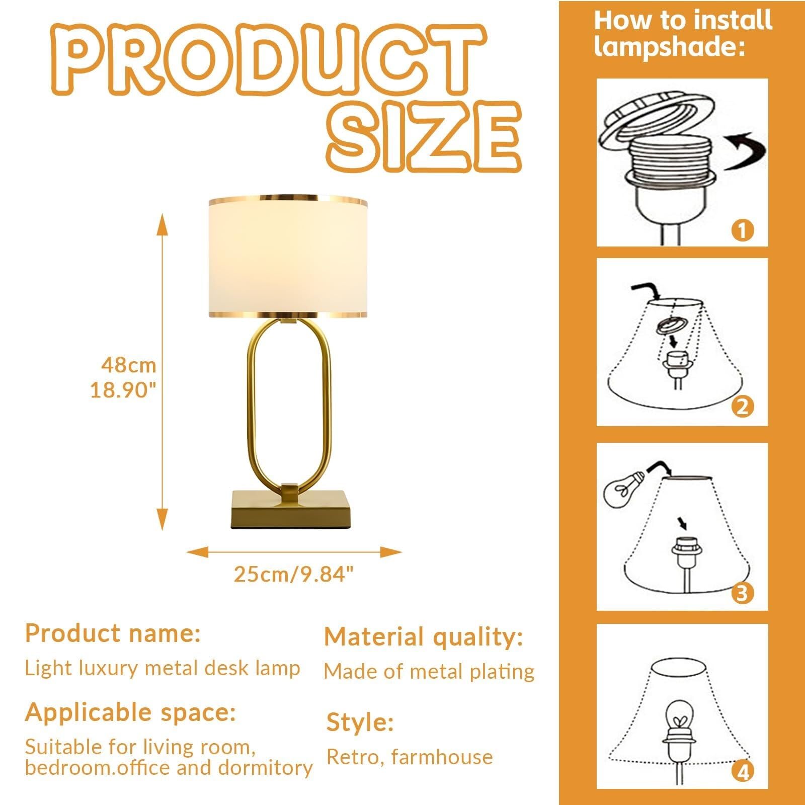 Lamp Lampada da Comodino Dorata con Anello in Metallo, Lampada Tavolo Struttura Geometrica, Moderna, Paralume in Tessuto Bianco, for Camera Letto/comodini/Soggiorno (D9,8 H18,9) Lampada