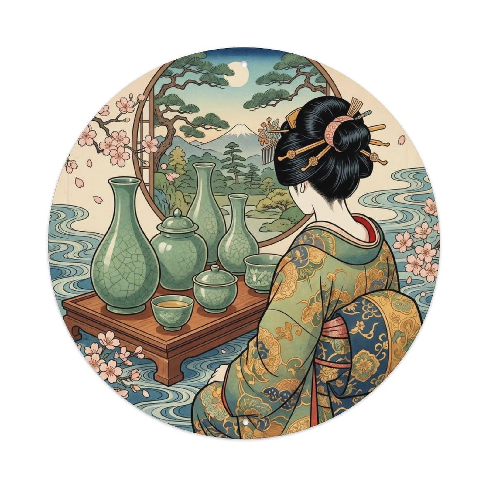 Metal Tin Sign Japanese Celadon Pottery Geisha Observing
