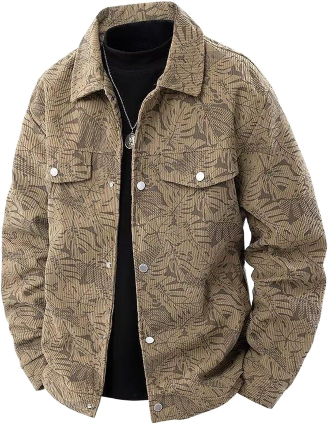 Corduroy Casual Jacket for Men, Retro Stand Collar Utility Style, Big & Tall Size