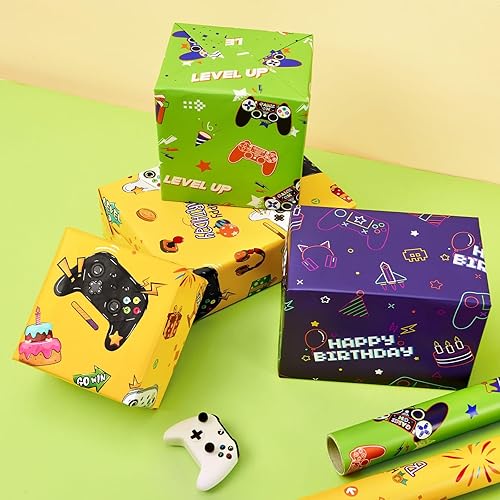 Miniatura 3 de WERNNSAI Rollos de papel de regalo para videojuegos, 3 rollos cortos de papel de regalo de cumpleaños, papel de regalo de videojuegos para niños,