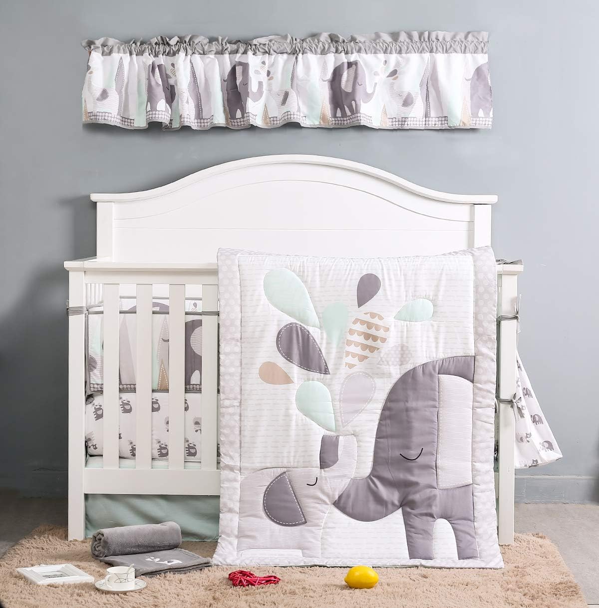 TEALP Baby Cot Bumper Cot Bed 1 Piece Wrap Around Protection Safe Crib BumperGrey Elephant