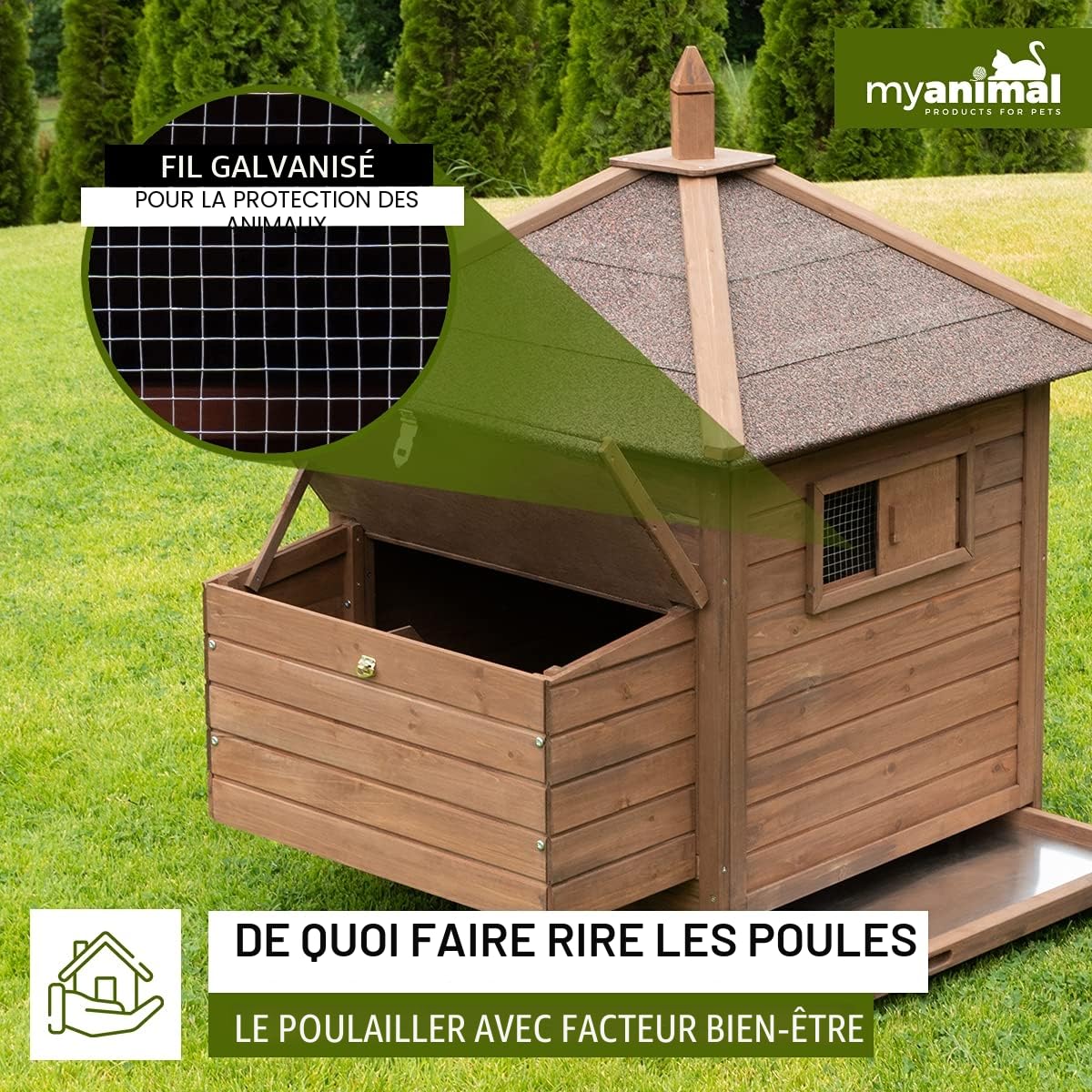 Miweba MyAnimal Poulailler MH-11 avec pondoir | pour 3 Poules - Nichoir séparé - 2 perchoirs - Résistant à l'hiver - Maison pour Poules - Bois de pin - Volière - Trappe (Marron foncé)