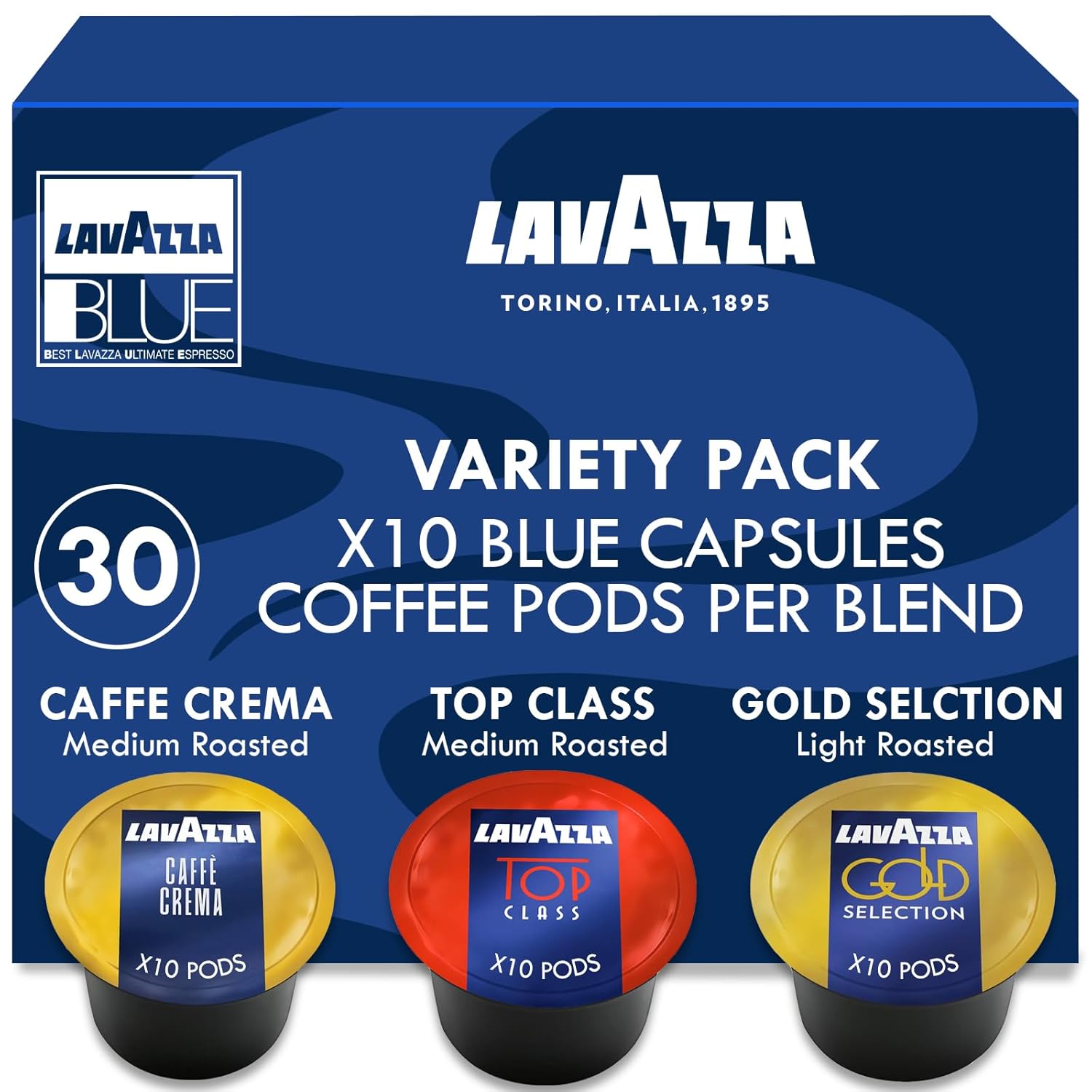 Lavazza Blue Coffee Pods Variety Pack – 30 Count – Includes Top Class, Gold Selection & Caffè Crema (10 Each) – Single-Serve, Keto-Friendly Arabica & Robusta Blend – Light, Medium & Dark Roasts