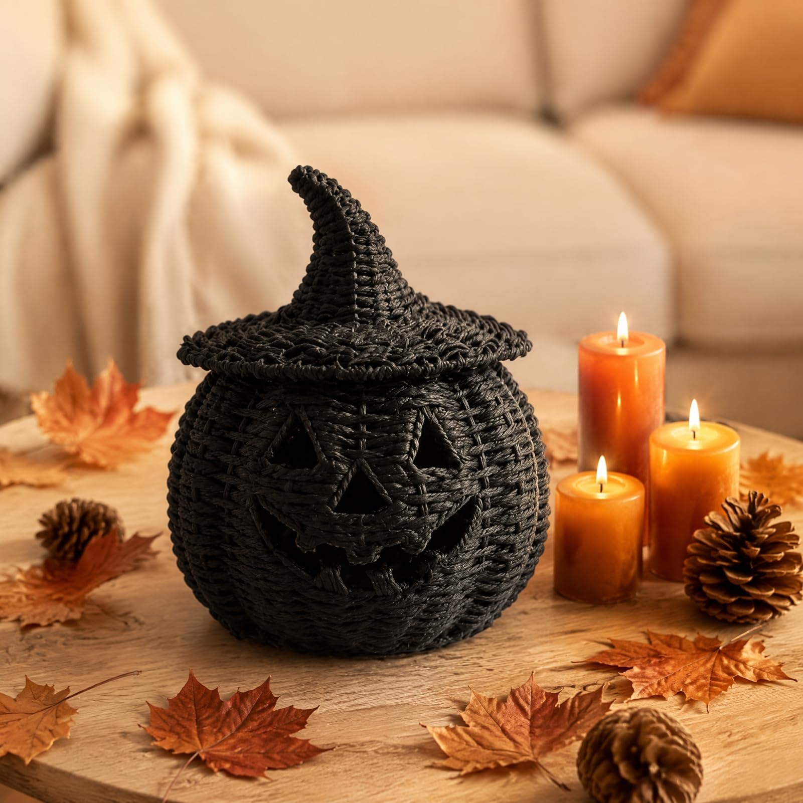 Halloween kosz dyniowy z żywicy syntetycznej, latarnia dyniowa o wyglądzie plecionki, straszny czarny słoik na cukierki w dyni do dekoracji stołu na Halloween