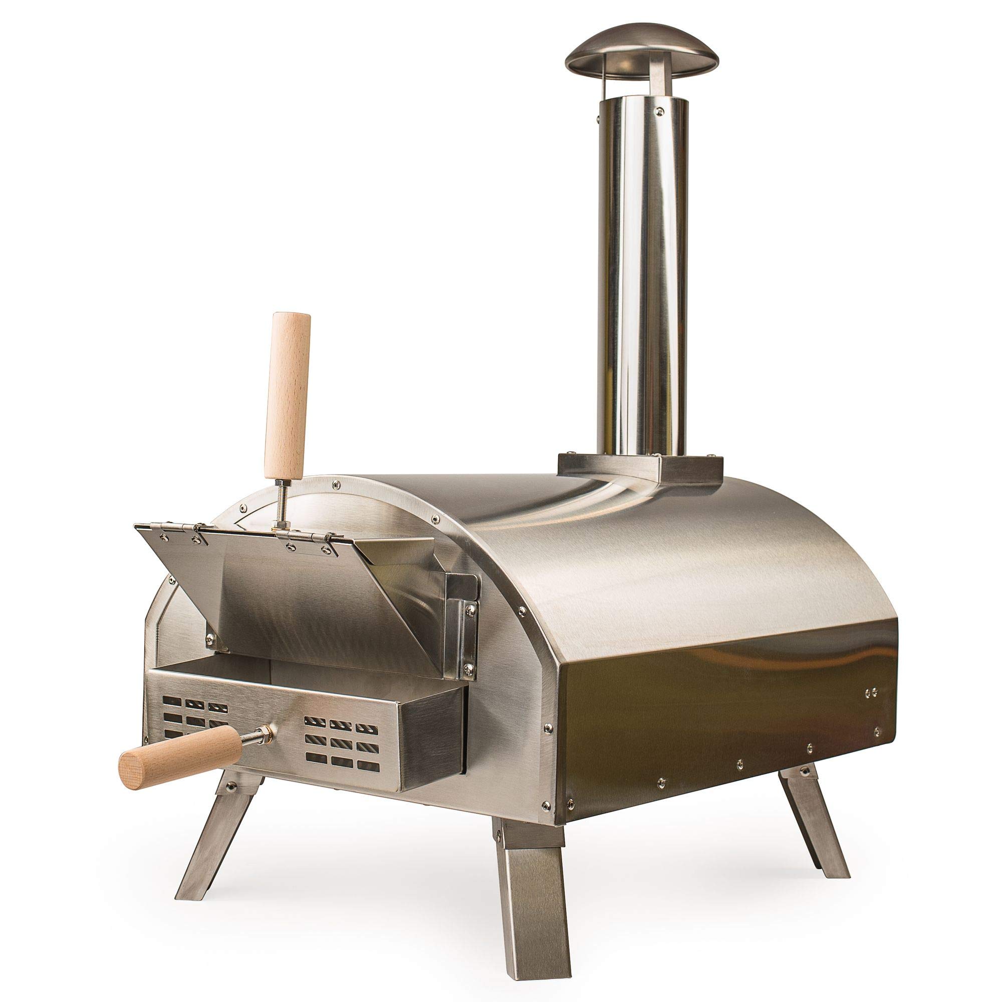 Forno da tavolo per pizza all'aperto 35cm 60 secondi di cottura a doppia parete Portatile Termometro incorporato Multi-Fuel Legno Carbone Pellet Autentiche pizze cotte su pietra 500°C Acciaio Argento