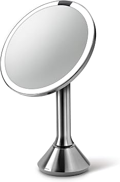 simplehuman 8 Round Sensor Makeup Mirror with Touch-Control Dual Light Settings, 5x Magnification, Rechargeable and Cordless, Brushed Stainless Steel