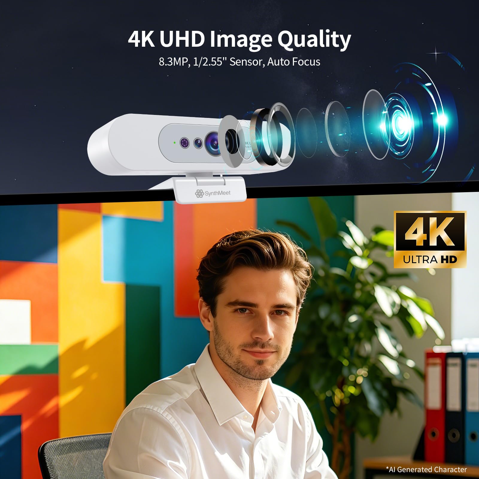 Cámara web 4K, compatible con Windows Hello, 8.3MP UHD 1/6.48 cm CMOS, cámara de reconocimiento facial, micrófono integrado que reduce el ruido, cubierta de privacidad deslizante, cámara USB