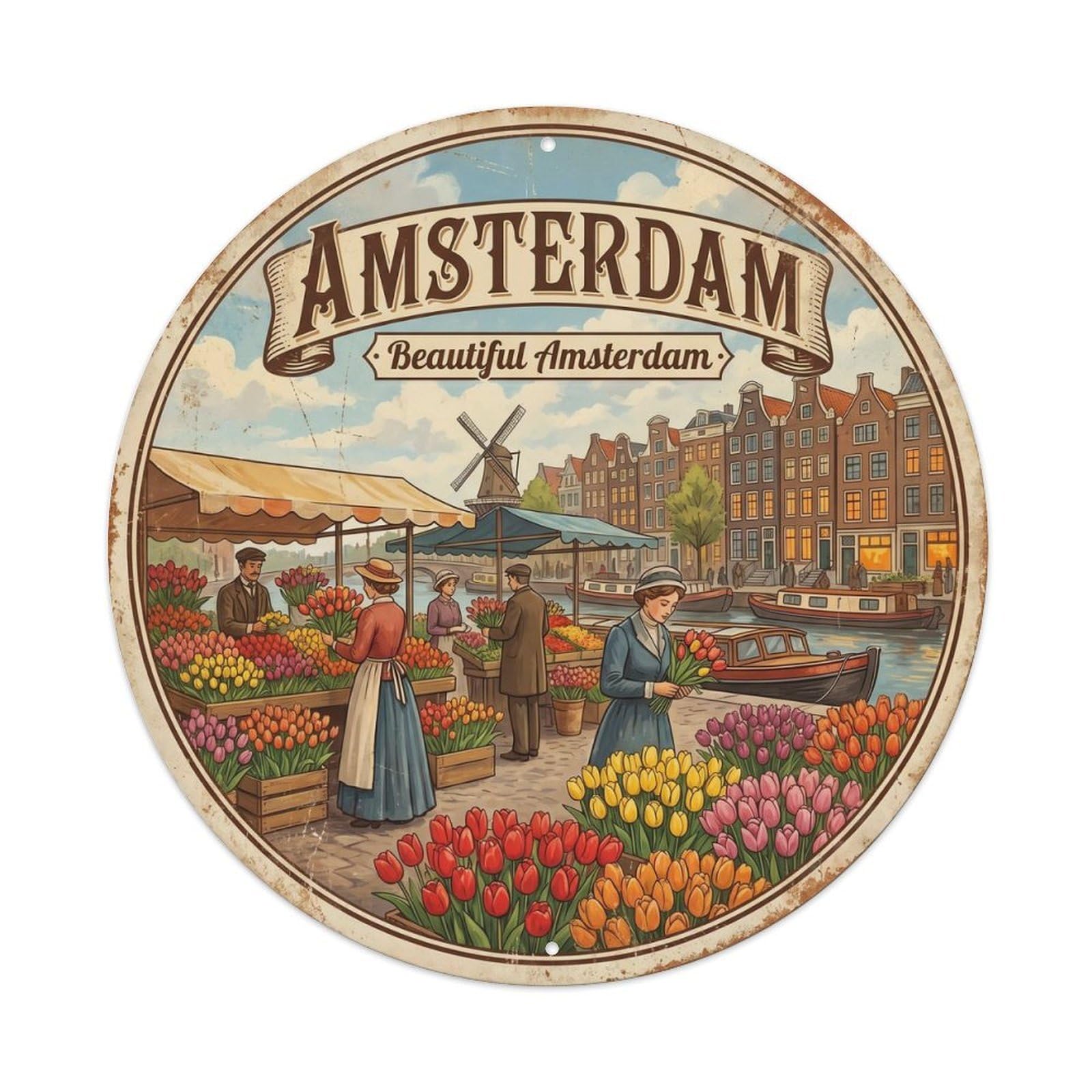 Vintage Travel Dutch Tulip Market Metal Tin Sign Plaque Wall Decor for Cafe, Club, Garden Round Metal Poster 8x8Inch