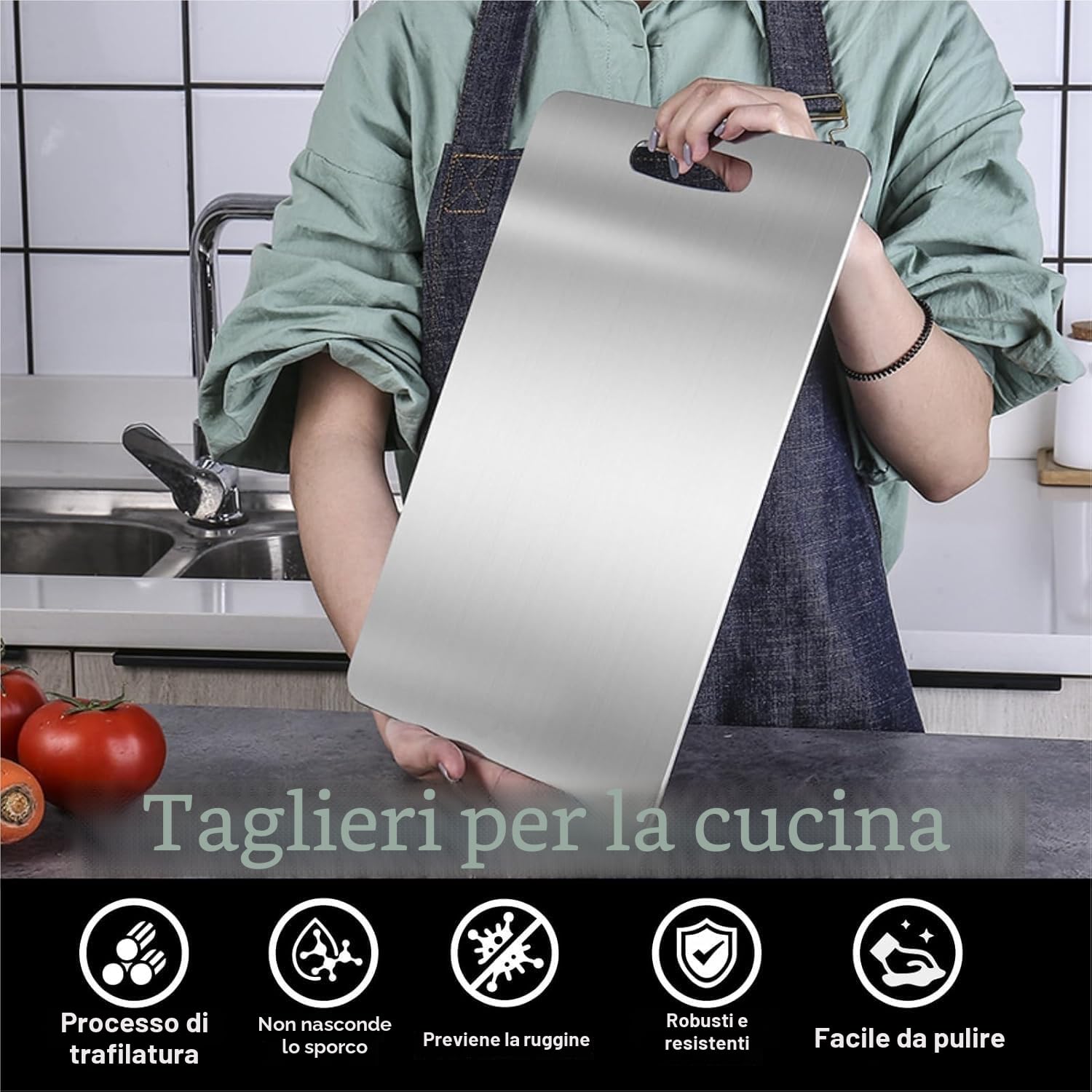 Pavlleen Tagliere in acciaio inox, Tagliere in Titanio per Cucina, Igiene e Durata Tagliere, per tagliare carne, pane, verdura, frutta (34 * 23cm)