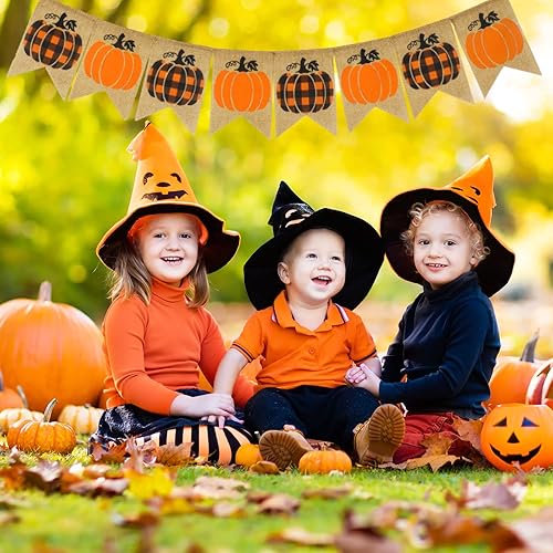 Miniatura 6 de Whaline Cartel de otoño de arpillera de calabaza naranja y negra premontada, guirnalda de banderines rústicos de otoño, cosecha, celebración,