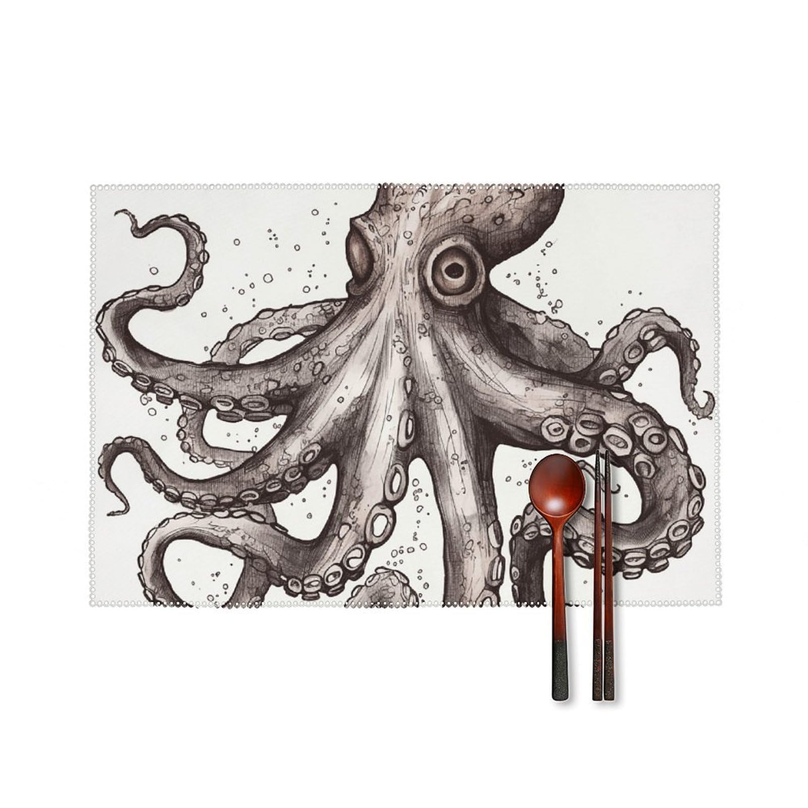Octopus Placemats Set of 6, 12x18 Inch Heat Resistant Washable Canvas Table Mats, Stain Resistant Decorative Dining Placemats for Kitchen, Restaurant, Outdoor Party