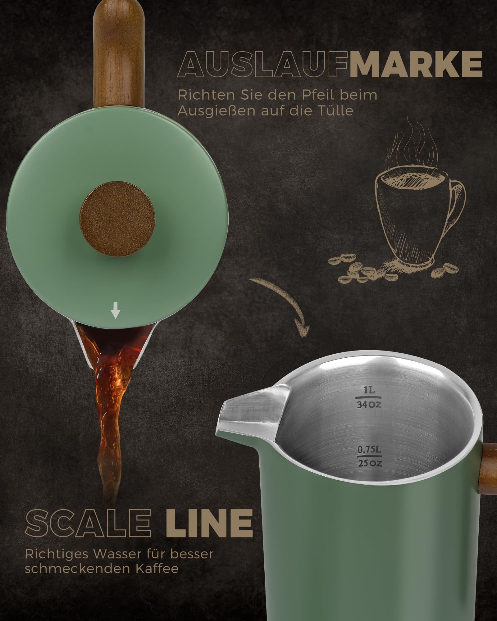 Poliviar French Press Kaffeebereiter 1 Liter/8 Tassen, Doppelwandige Isolierte Kaffeekanne und Teebereiter, Handfilter Kaffeepresse mit Plunger & Griff aus Holz, Flatland (Grün) JX2020-FPN-DE