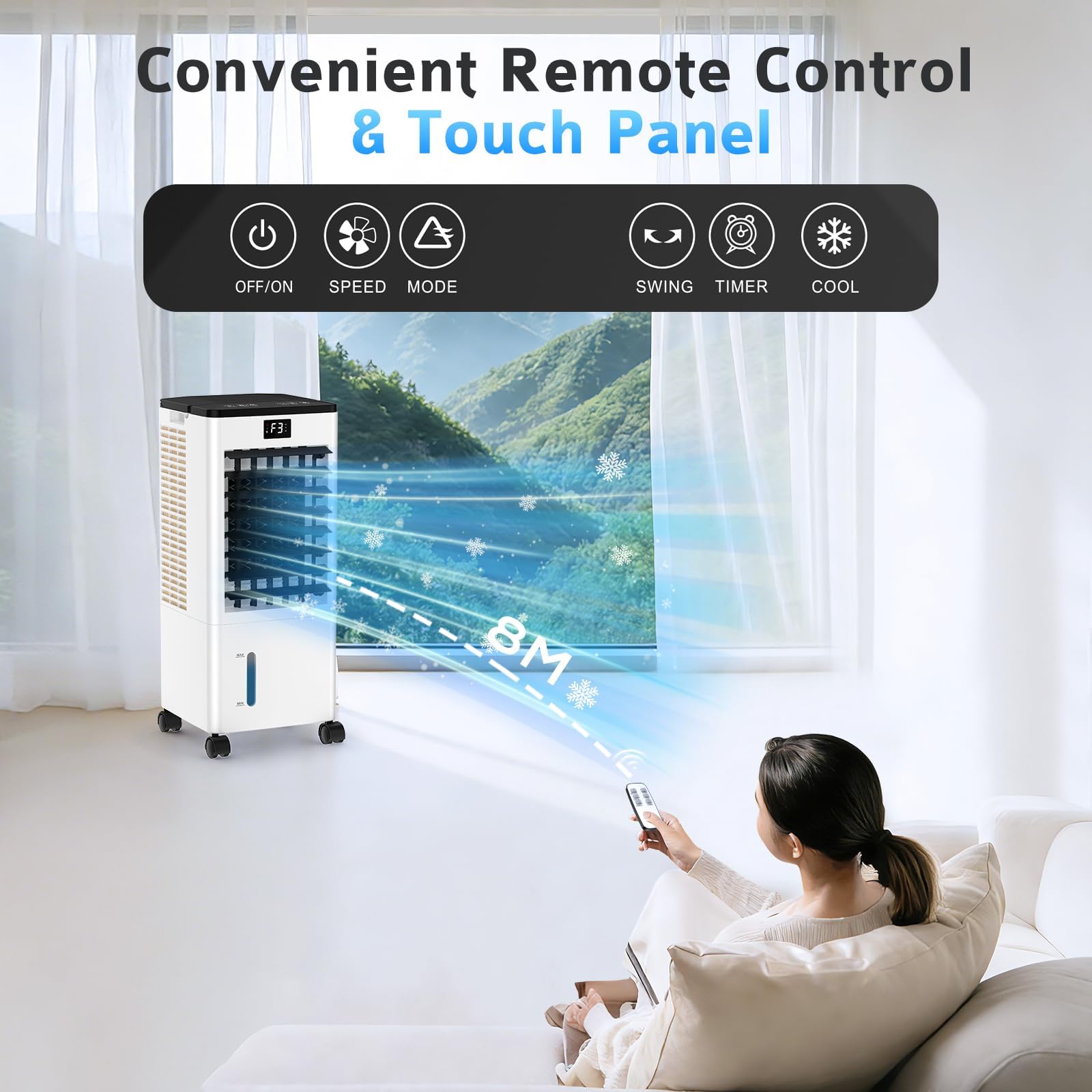 Condizionatore Portatile Senza Tubo, Raffreddatore d’Aria 4 in 1, 4 Modalità 3 Velocità, Climatizzatore Evaporativo 60 W, Timer 1-12 H, con Telecomando, 4 Ruote per Casa e Ufficio