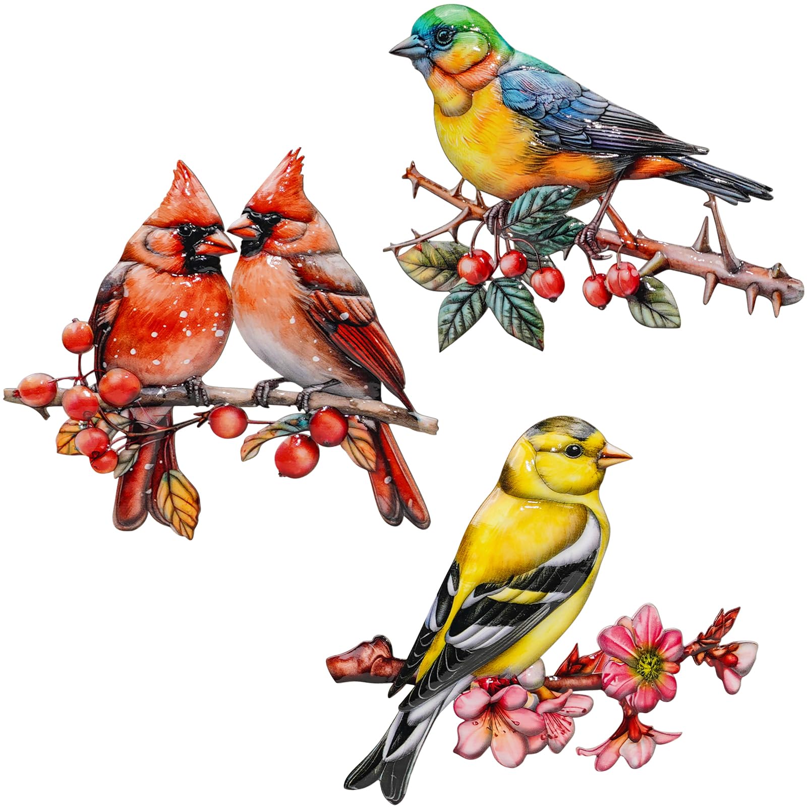 YOADEHOA 3Pcs Metal Wall Art Decor Birds on Branch, 3D Colorful Bird Outdoor Hanging Wall Art Patio Fence Decorations, Hummingbird Wall Sculptures for Indoor Outdoor Garden (Birds A)
