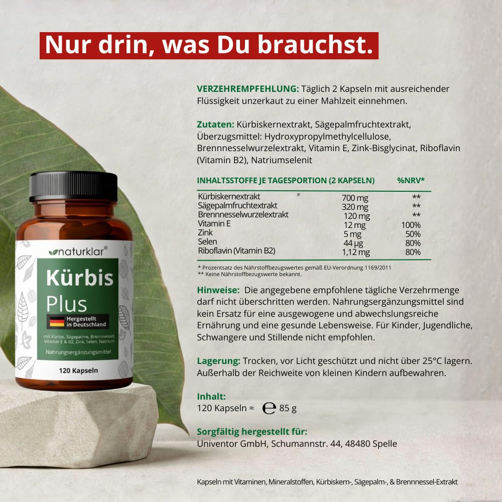 Sägepalmenextrakt & Kürbiskernextrakt - 8 Fach Kombi mit Brennnesselextrakt, Vitamin E, Zink, Selen & Natrium - Vegan - 120 Kürbiskern-Kapseln hochdosiert Naturklar