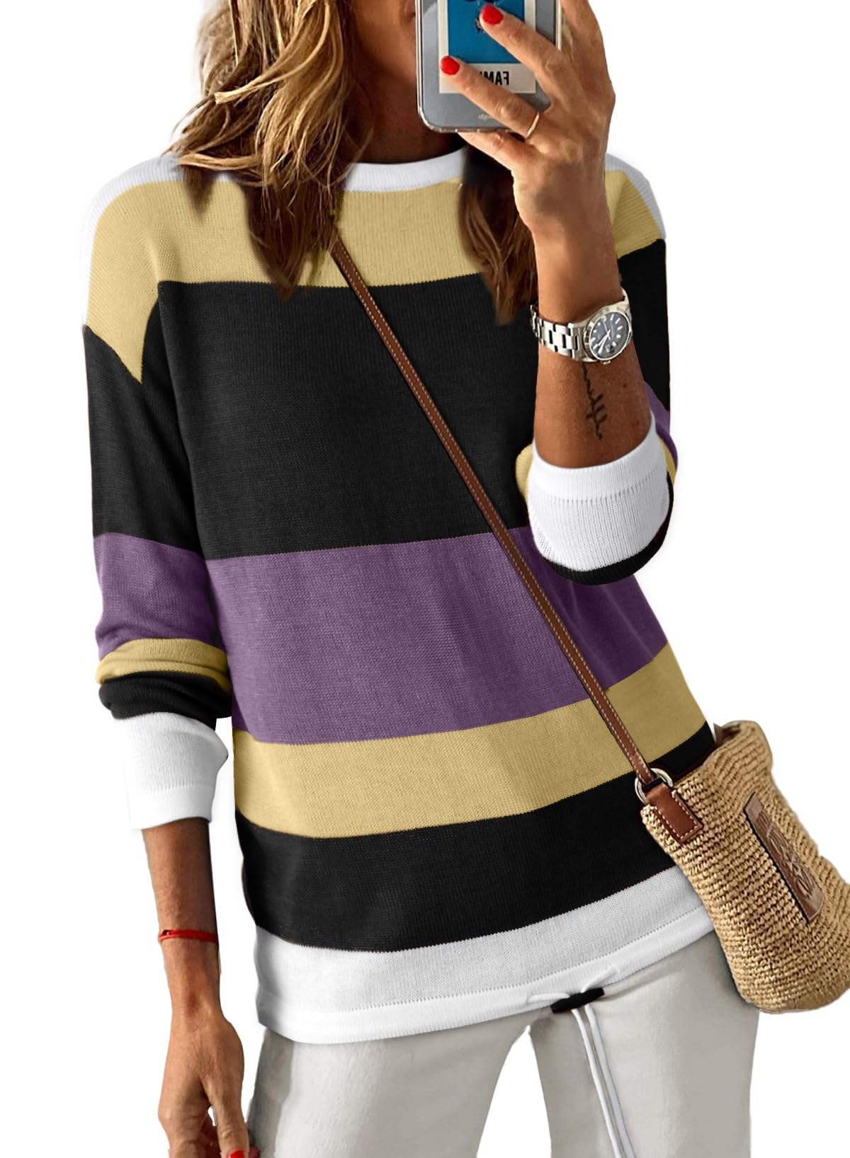 Dokotoo Womens Sweaters Striped Fall Winter Outfits Drawstring Color Block | Long Sleeve,Crewneck,Lightweight Fashion Clothing,Teachers Comfy Outfits,Business Casual Tops,Vacation Wear