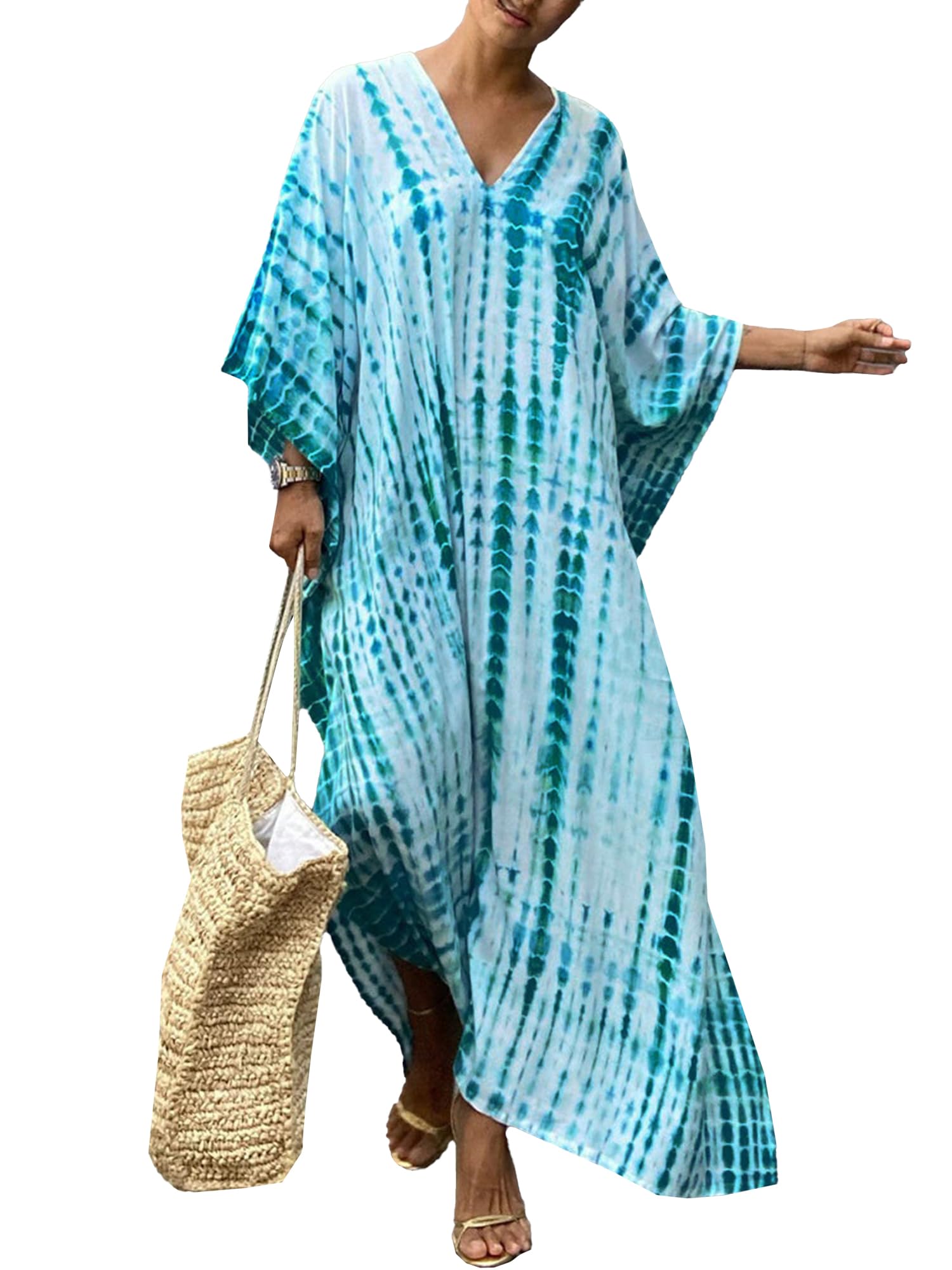 moss rose Women Summer Caftan Coverups Dress Kimono Beach Vacation Wear V Neck Print Maxi Boho Dress-picture-48