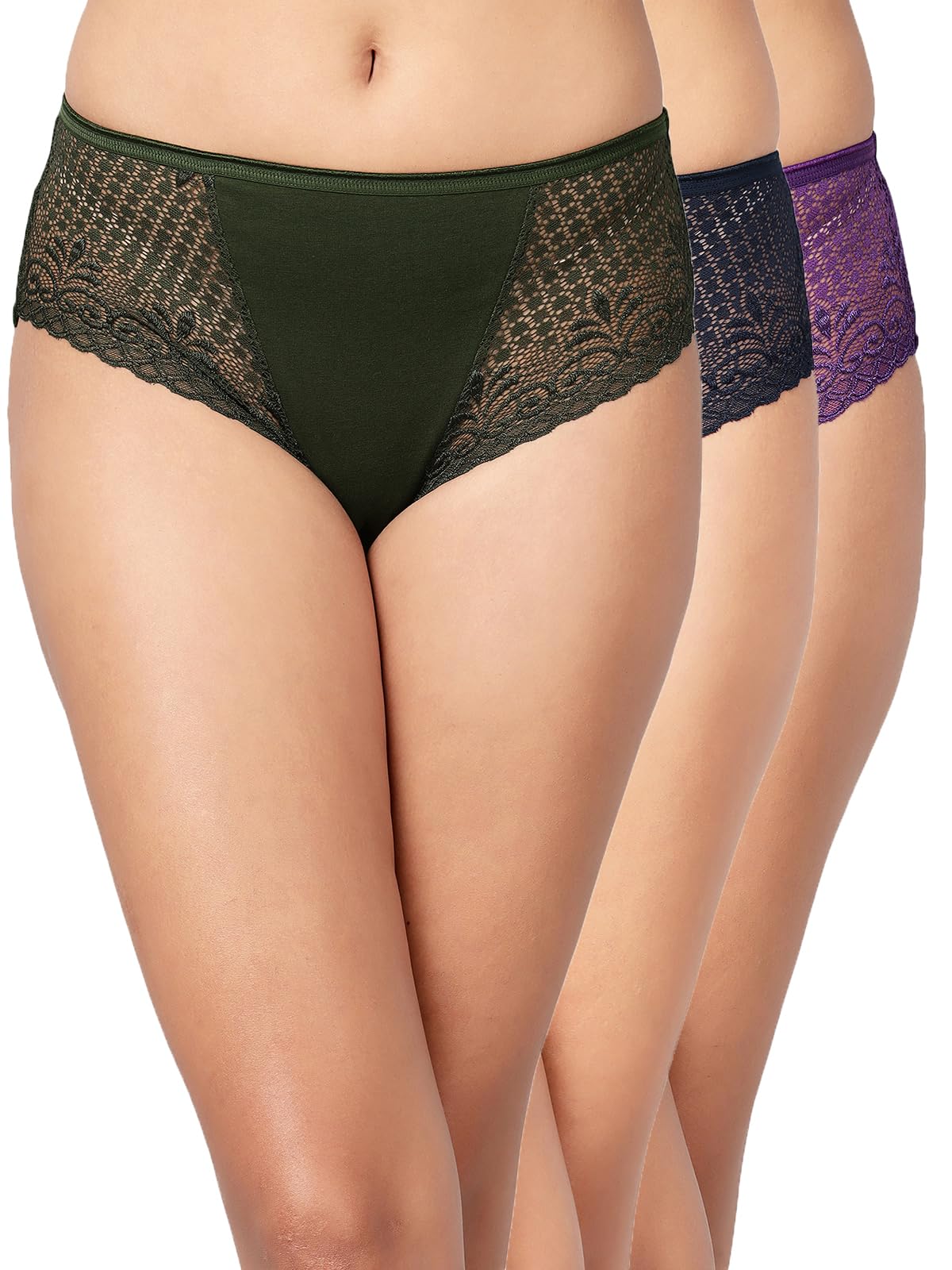 clovia Women's Cotton Pack of 3 Mid Waist Hipster Panty with Lace Wings in Multi-picture-25