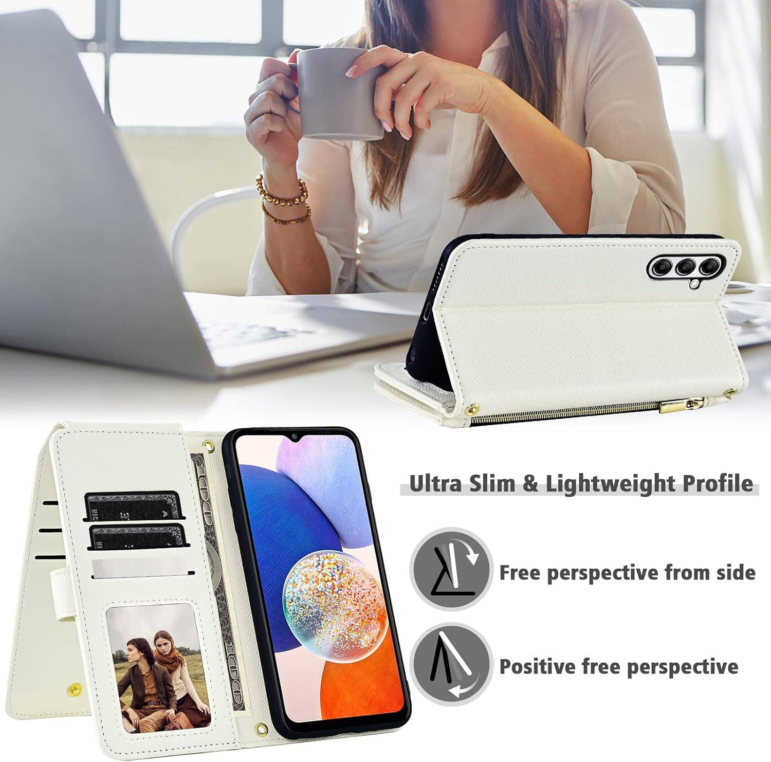 Luxury Wallet Case for Samsung Galaxy S24 Plus/S25 Plus S24+ S25+ 5G with Wrist Strap Shoulder Strap Zipper Purse, Stand Cell Phone Cover for S24Plus 24S + S 24 24+ S25Plus 25S 25+ White - Image 3