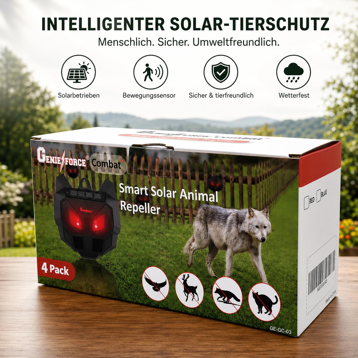 Genieforce solarny odstraszacz zwierząt z czerwonymi diodami LED, odstraszacz zwierząt, przeciwko dzikim zwierzętom, drapieżnikom, kunom, lisom, szopom praczom, zasilaniu energią słoneczną na podwórko