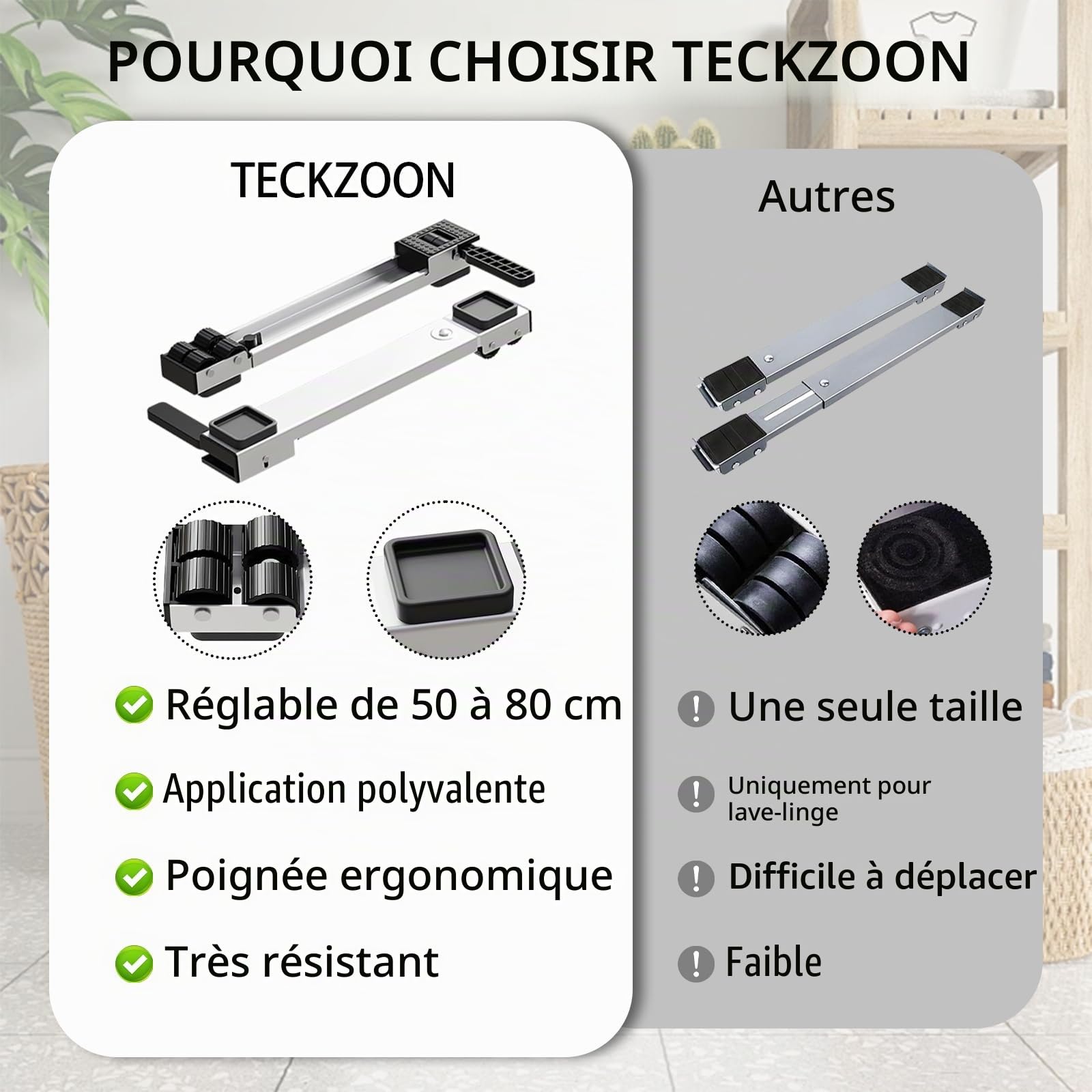 Support réglable pour machine à laver avec roulettes, extensible 50 à 80 cm, stable et surélevé, facile à déplacer pour machines à laver, sèche-linge, réfrigérateurs et meubles