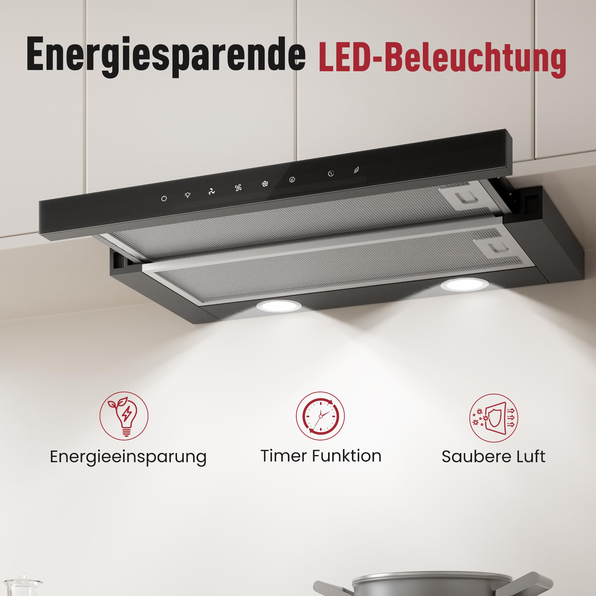 LEVIVO Dunstabzugshaube 60cm Unterbau Umluft Abluft 750 m³/h Flachschirmhaube 3 Stufen LED-Licht Ausziehbar Schwarz