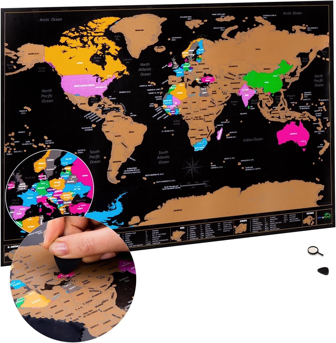 Atlas & Green World Map Travel Gift, A3 Scratchable Poster + Bonus A4 UK Map, Maps of Visited Countries with Accessories, Kit Tube, Cartographic Design