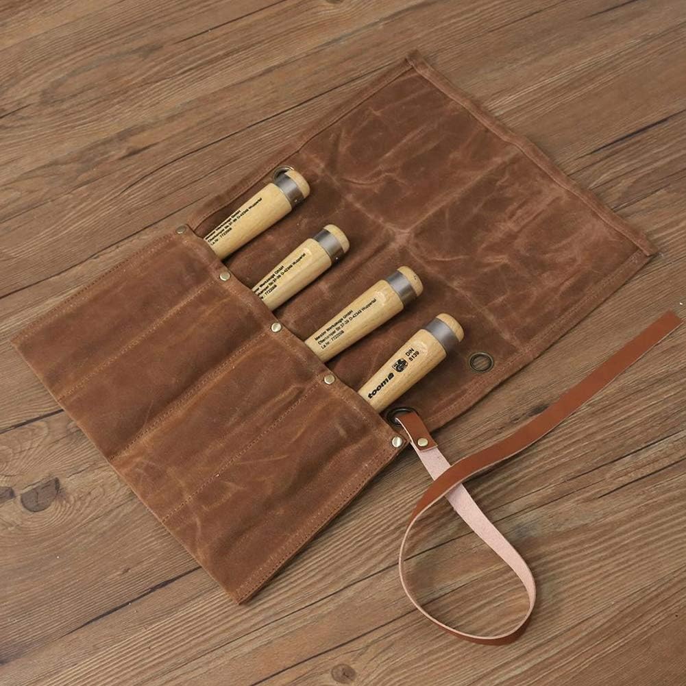 Chisel Roll,Waxed Canvas Tools Wrench Roll Up Pouch,Chisel Carrying Case,Wrench Holder Pouch,4 Pockets Tote Organizer for Knife Hammers, Gouges, Best Gift for Electrician,Carpenter or Mechanic