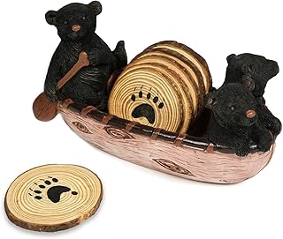 Bear Coasters Set of 6 in Handmade Canoe with Black Figurines - Rustic Wood Cabin Home Decor, Black Bear Log Cabin Decorations, Rustic Lodge Decor for The Home (4 Inch)