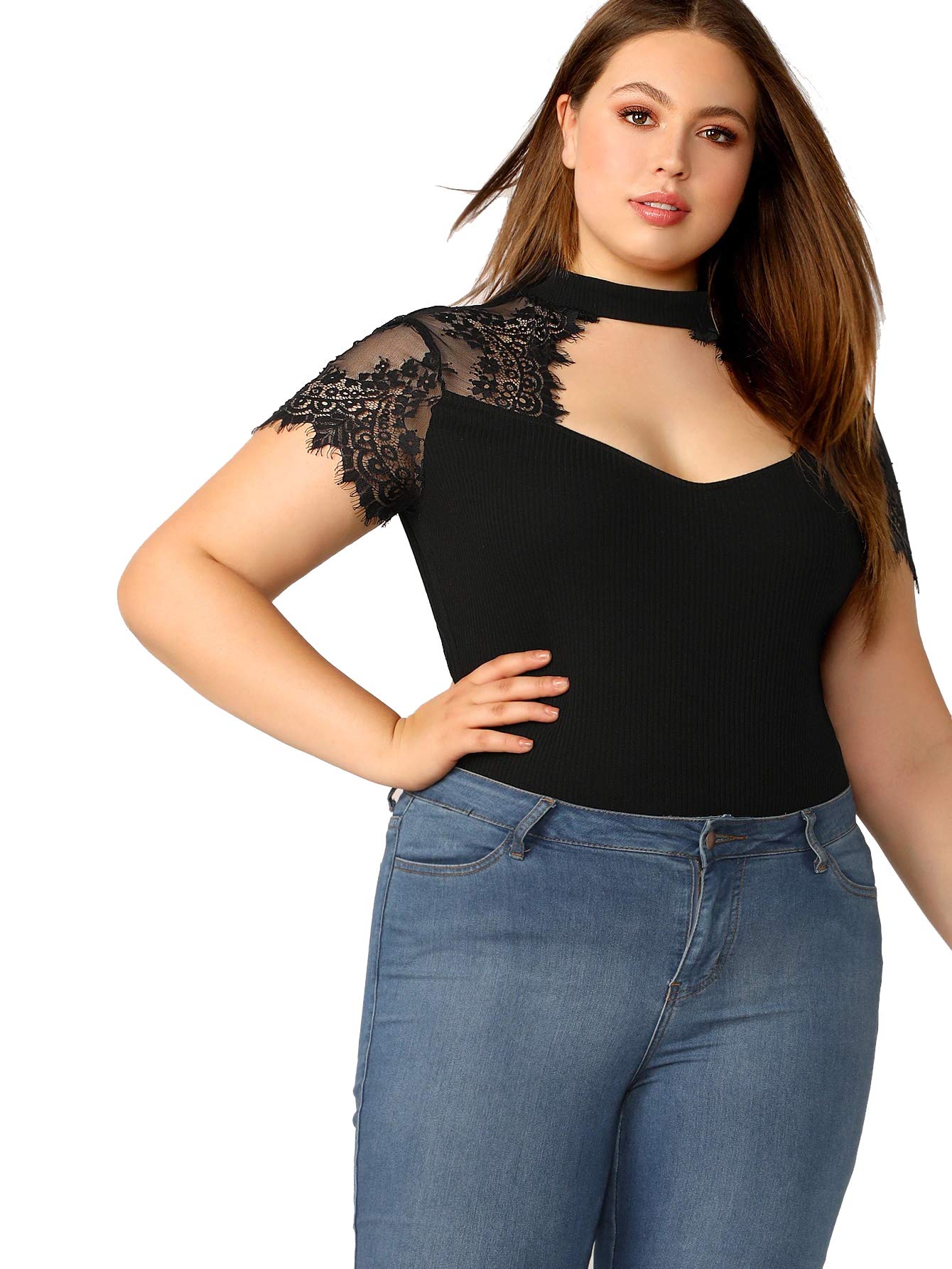 Women's Plus Size Chocker Lace Short Sleeve Deep Sweetheart Neck Slim Skinny Blouse Tops Shirt