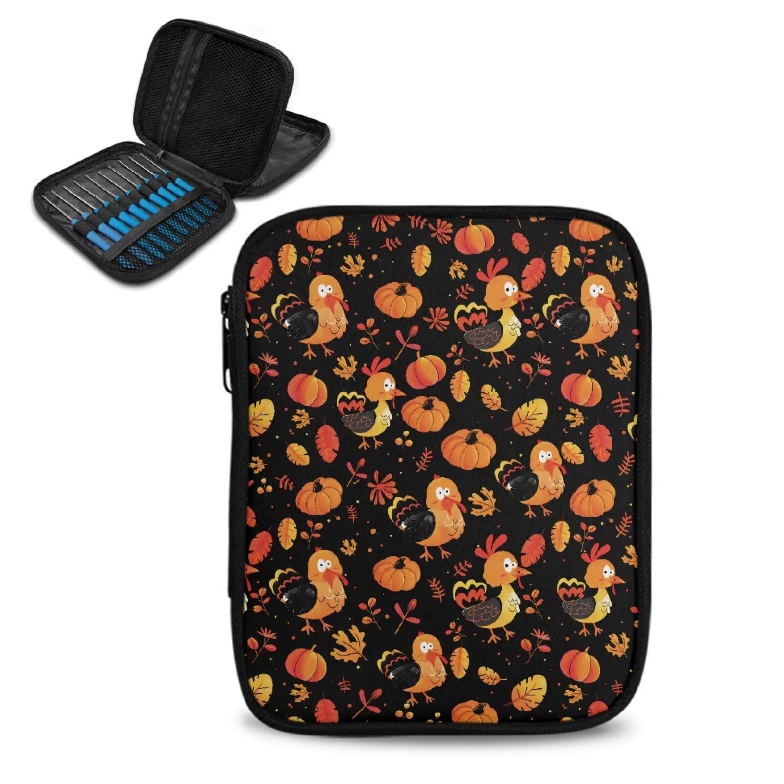 Yuresuaet Thanksgiving Turkey Crochet Hook Organizer Case Zipper Crochet Storage Bag Organizer with Mesh Pocket Delicate Crochet Hook Holder for Carrying Various Crochet Needles and Accessories