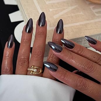 JUSTOTRY Pack of 24 Chrome Black Plain Nails for Gluing Short Metallic Almond Press On Nails Pattern Glossy Oval Artificial Nails Fake Nails Medium French Fingernails Artificial Nails for Women