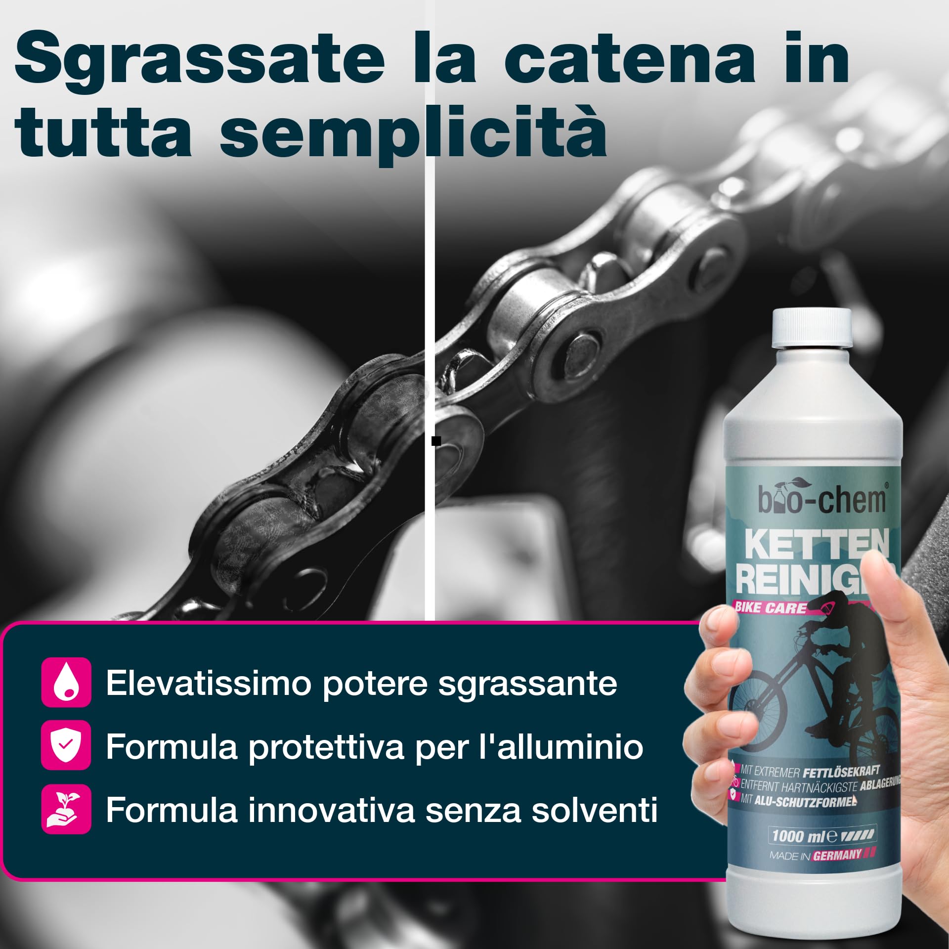 bio-chem Sistema di lubrificazione a cera per catene: 7 prodotti per bici | Sgrassante per MTB 1L - Cera liquida per catene di bici 100ml - Accessori per bicicletta shaker + panno + 3 spazzole