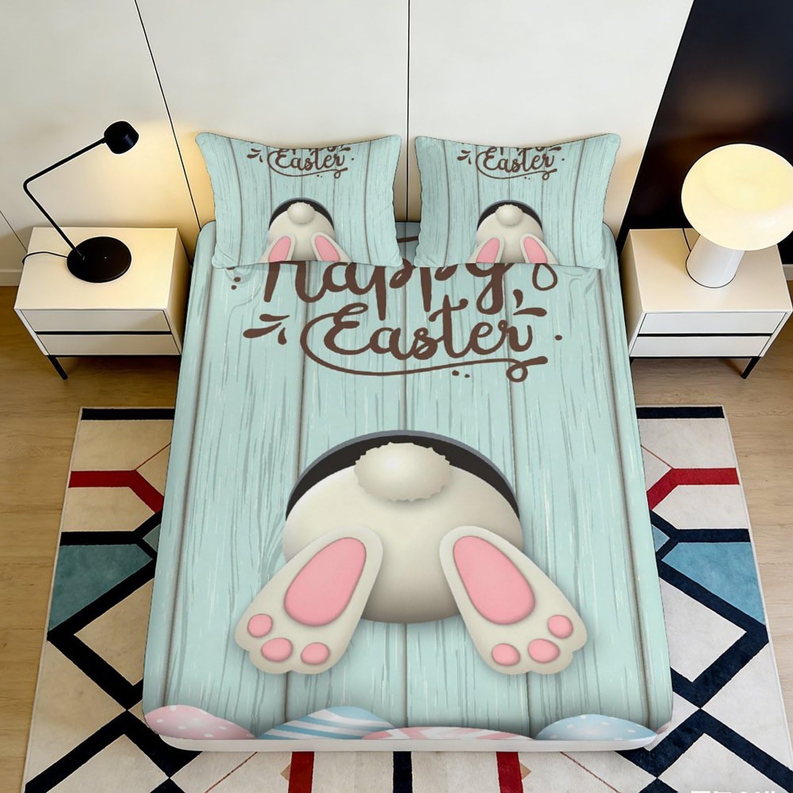 3D Printed Easter Bunny Fitted Sheet Microfiber Deep Pocket Non-Slip Bedroom Bedding Easter Bunny Mattress Fitted Cover 180x200x25cm