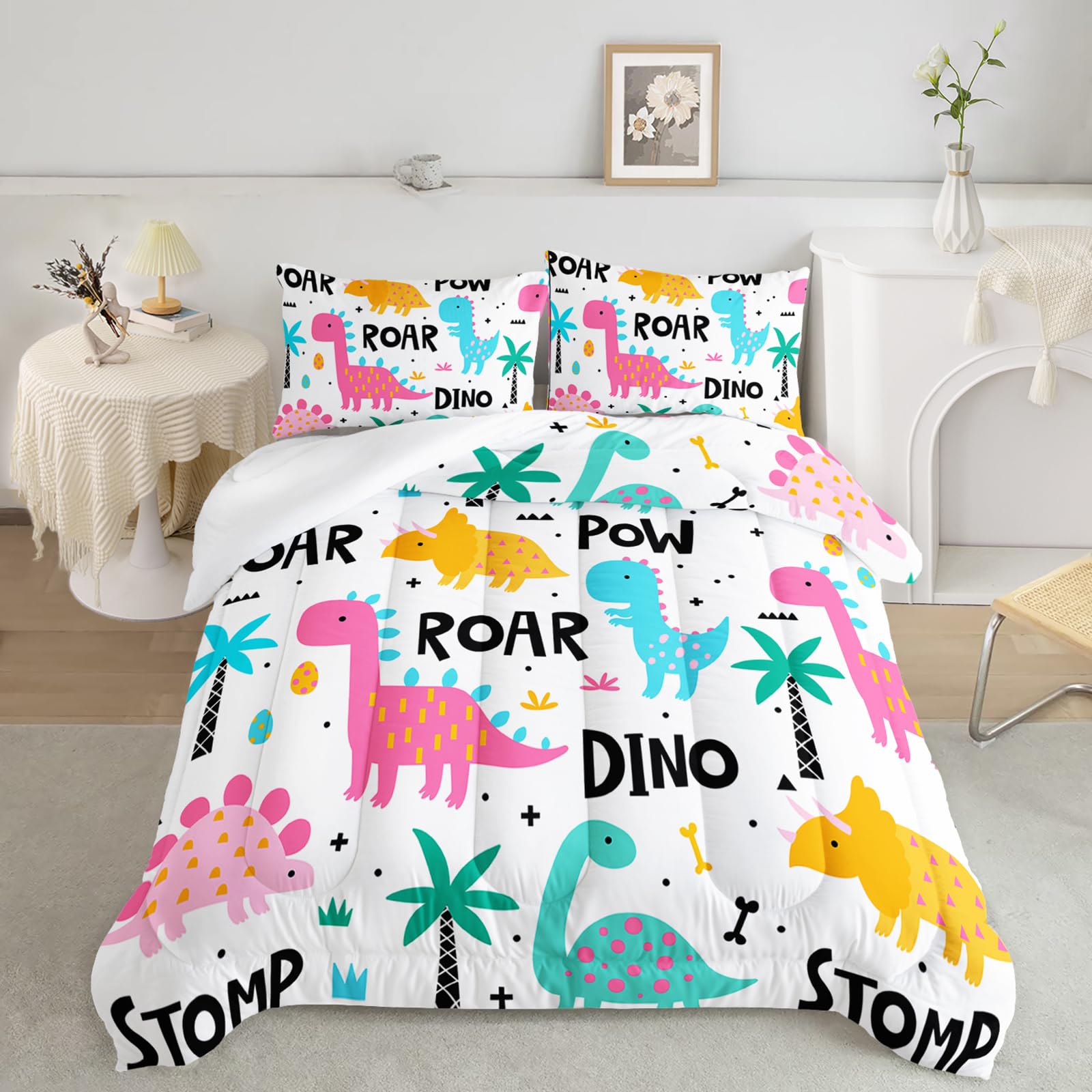 Axolotl Girls Bedding Cartoon Dinosaur Comforter Set Twin Size,Cute Dinosaur Bedding Set for Girls Teens Kids Boys Adults Room Decor,Kids Comforter Set All Season,1 Quilt 2 Pillow Cases,White