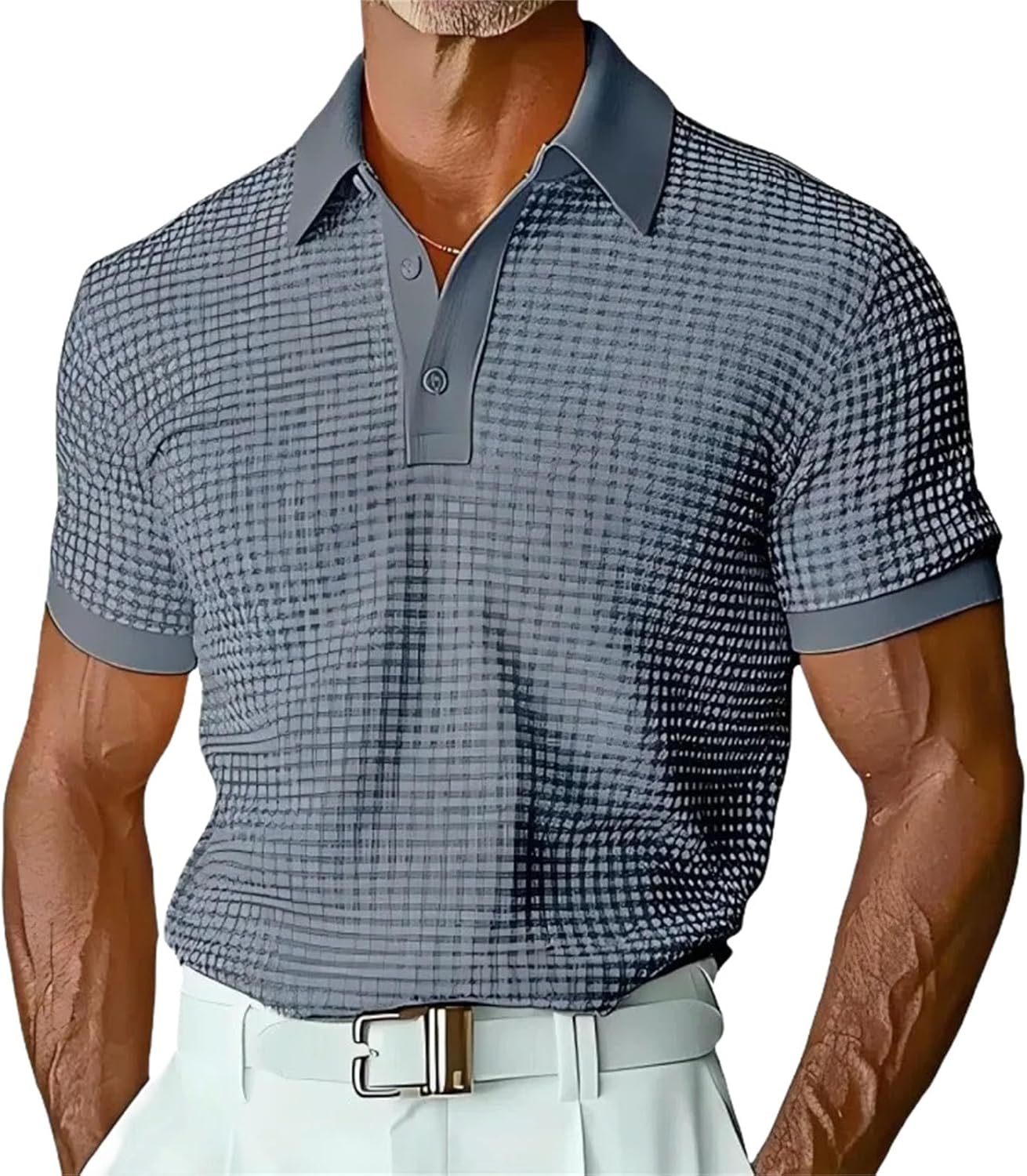 Men's Solid Color Waffle Polo Shirts Soft Comfortable Casual Short Sleeve Collar Button Ups