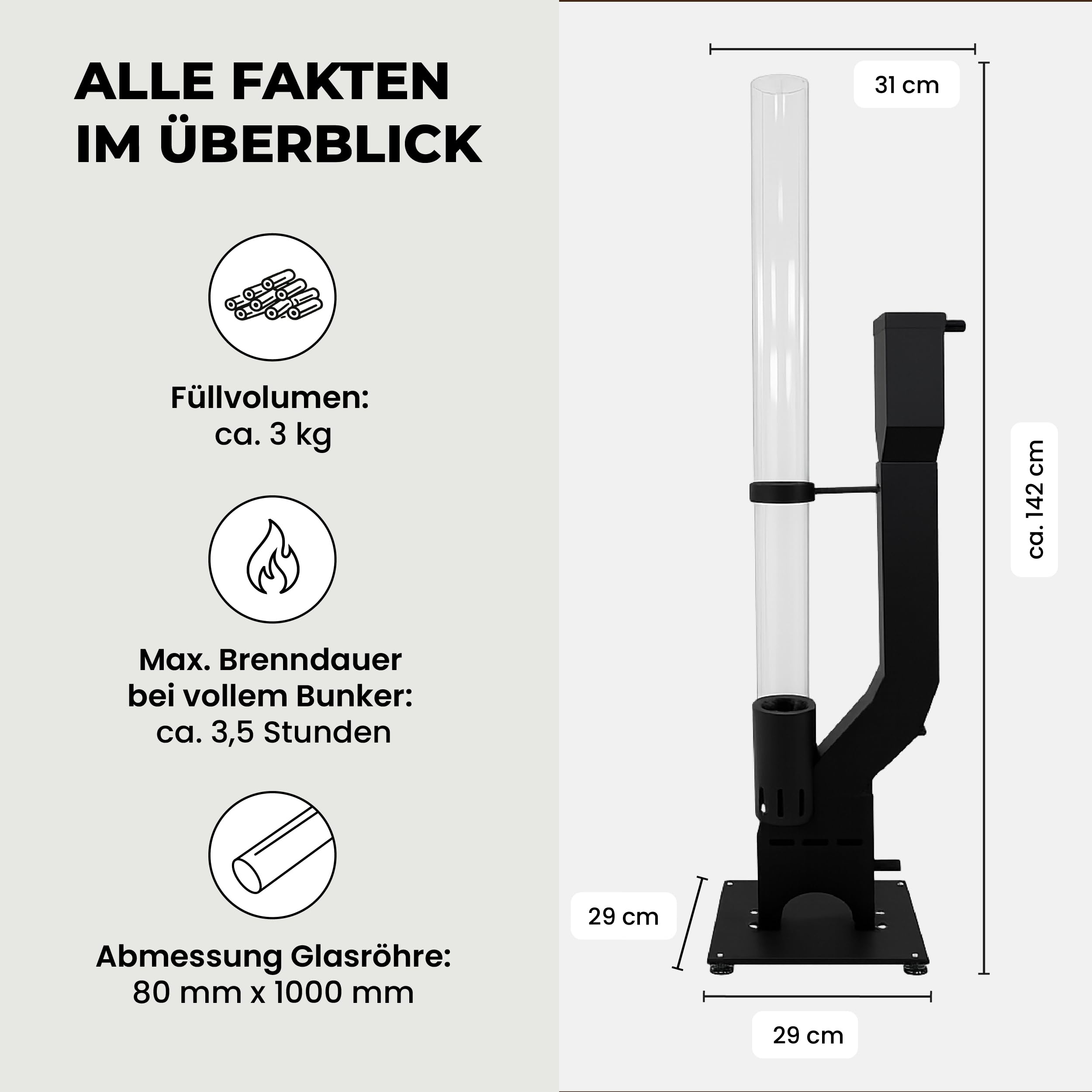 Lemodo Pelletfackel Prime XL, Feuersäule Outdoor mit Glasröhre, für Garten & Terrasse, für Holzpellets, stimmungsvolle Flamme, stilvoller Blickfang für gemütliche Abende (Prime XL)