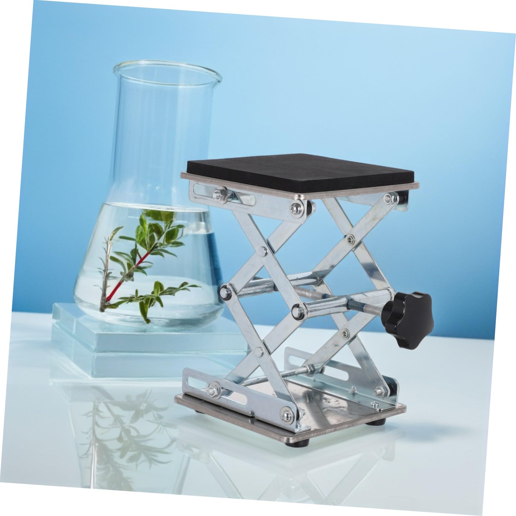 Mini Gato de Tijera de Laboratorio de Acero Inoxidable 6x6 Pulgadas | Altura Ajustable 70 a 260mm, Superficie Amplia para Matraces y Dispositivos de Laboratorio