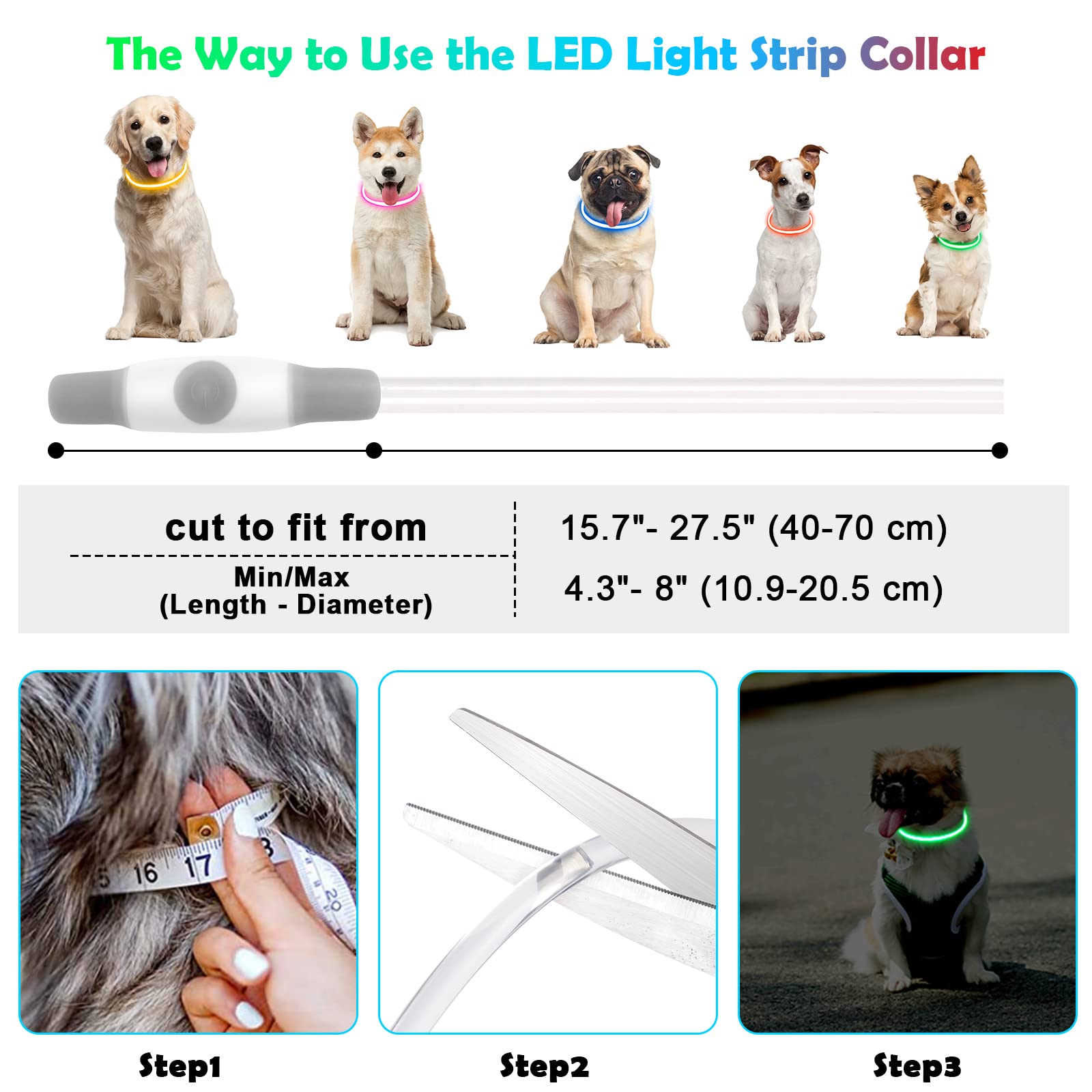 AUAUY Collare Luminoso per Cani, Collare per Animali Domestico LED Ricaricabile USB, Collare di Lunghezza Regolabile Impermeabile per Cani di Taglia Piccola Media Grande e Gatti - Colorato