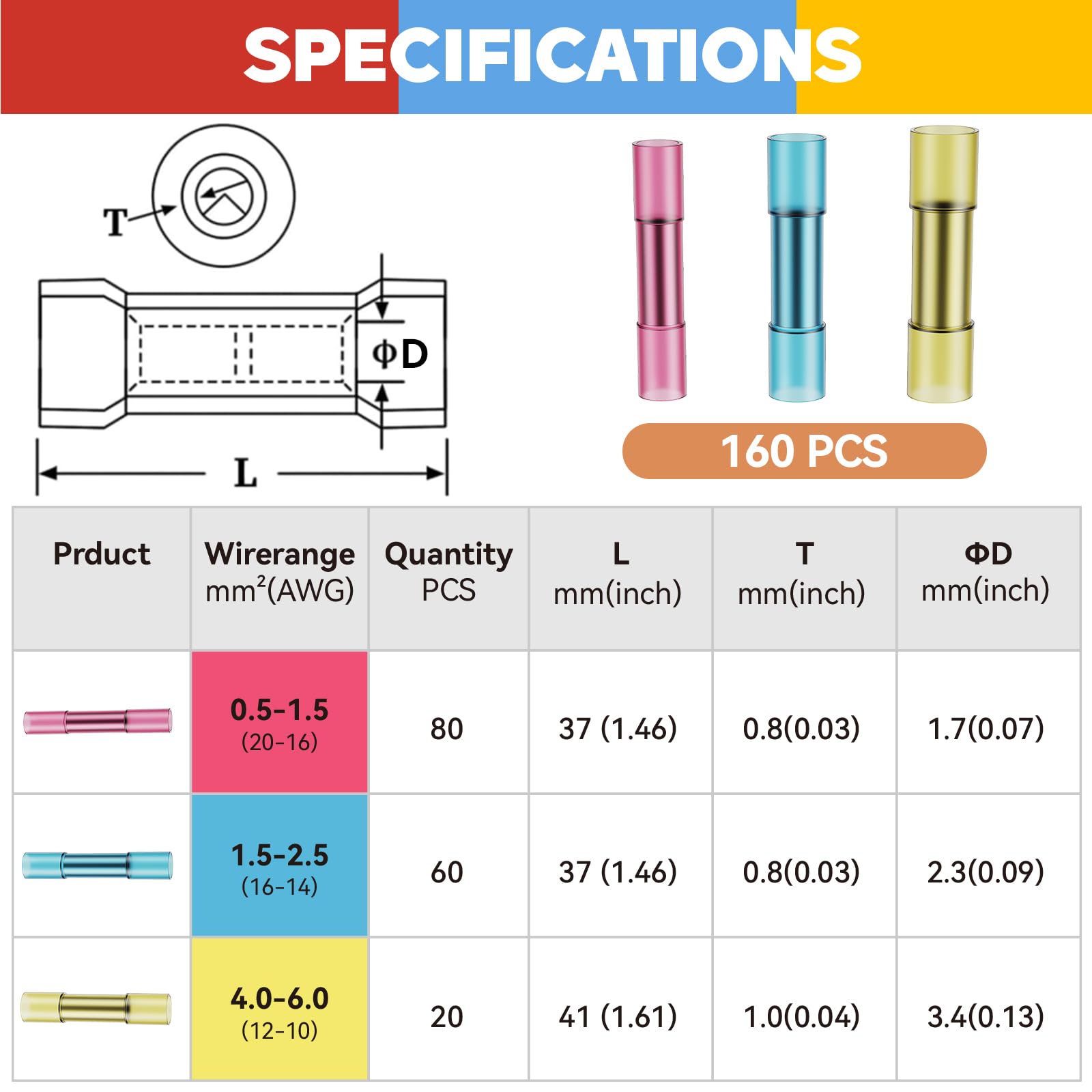 Pince à Sertir de Connecteurs Thermorétractables, avec 160pcs de Connecteurs étanches IP67, Outils de Sertissage isolés Preciva 0.5-6.0 mm²/AWG 22-10, acier Trempé 45#, Structure Solide