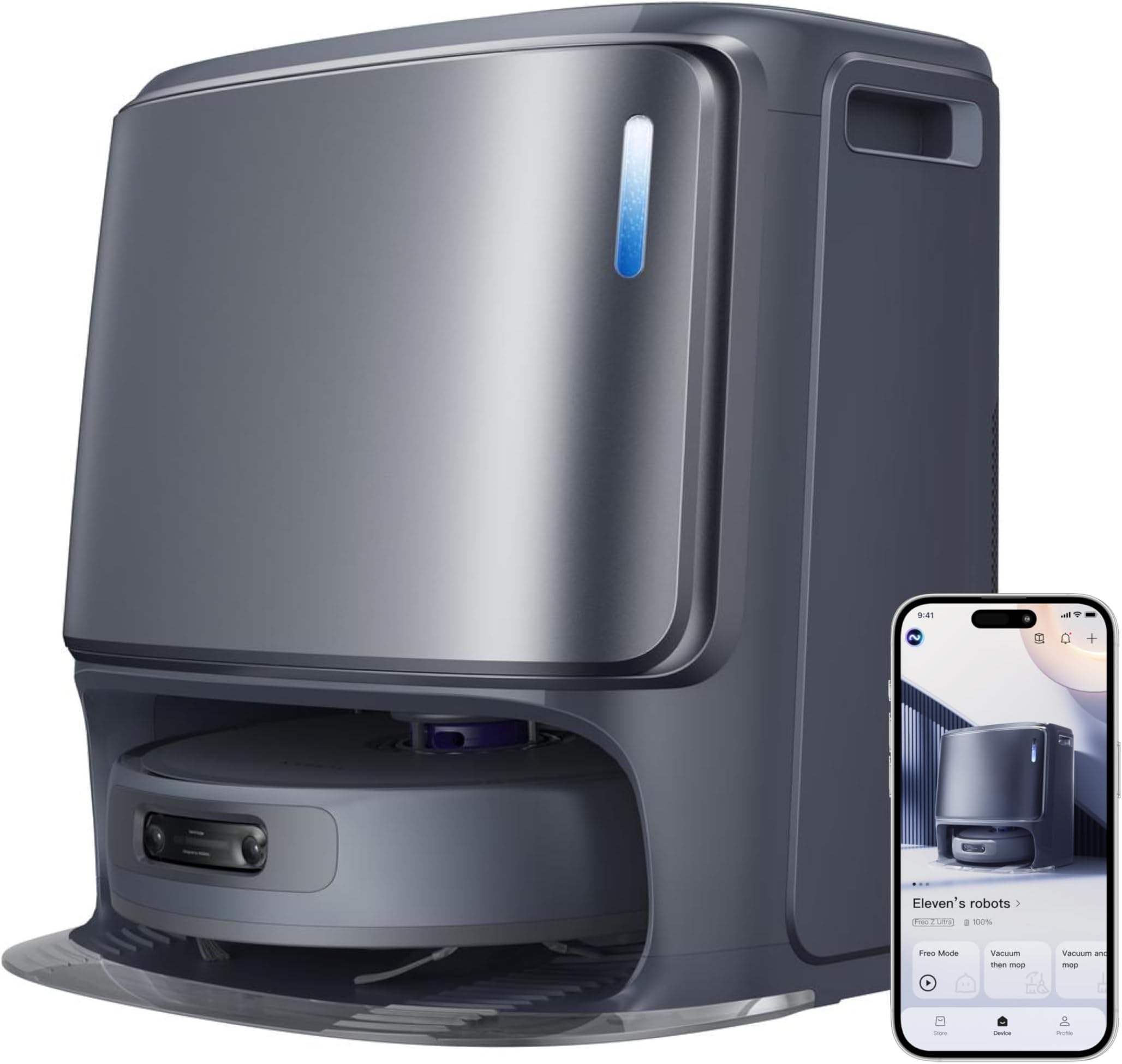 Freo Z Ultra Robot Vacuum and Mop Combo, Dual RGB Cameras and Chips, AI Avoidance, 12000Pa Suction, Real-Time Decisions, Adaptive Hot-Water Self Wash & Self Emptying, Pet Hair, Quiet, Grey